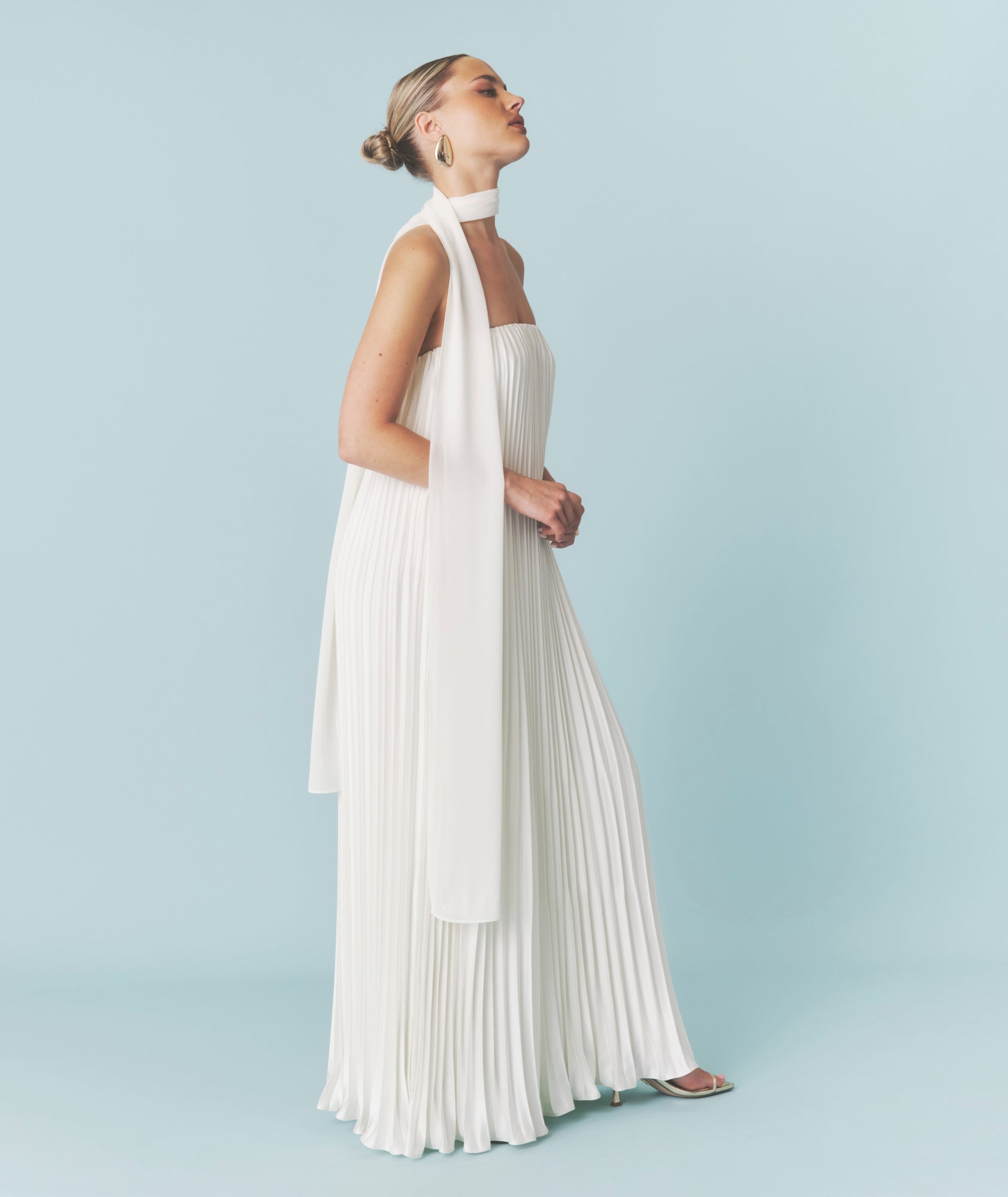 Pleated Satin Bandeau Maxi Dress - Oyster