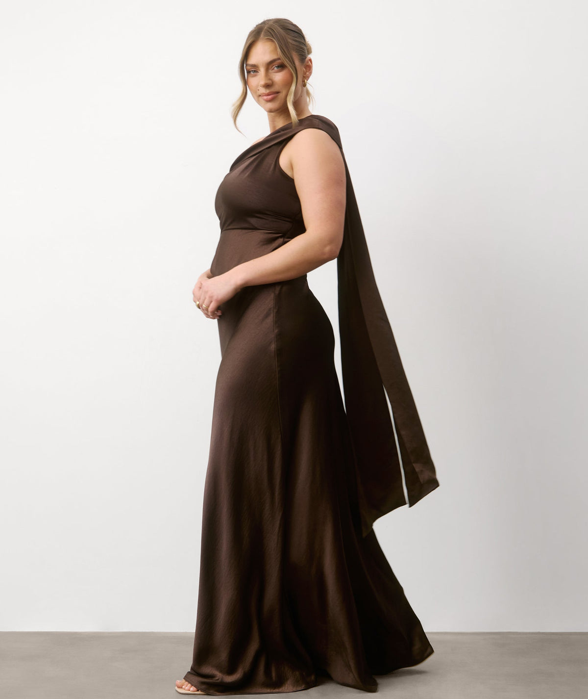 One Shoulder Drape Satin Bridesmaid Dress - Chocolate