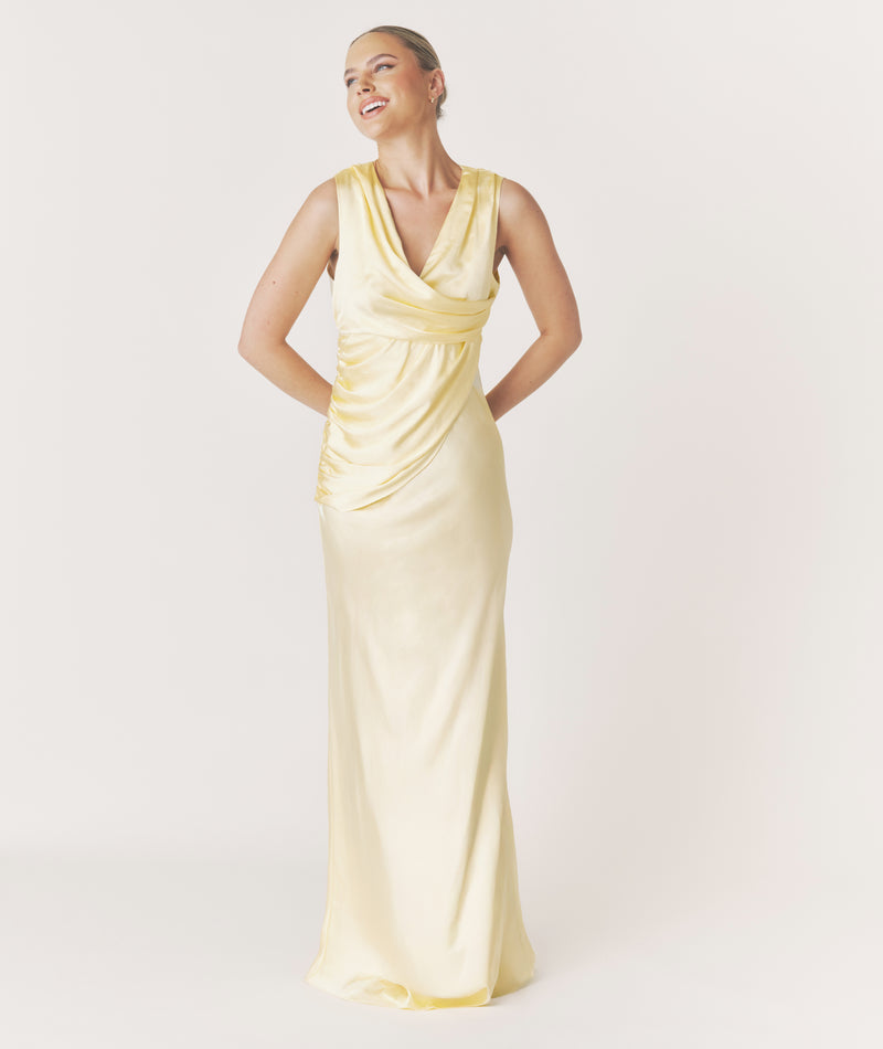 Plunge Drape Detail Satin Bridesmaid Dress - Butter Lemon