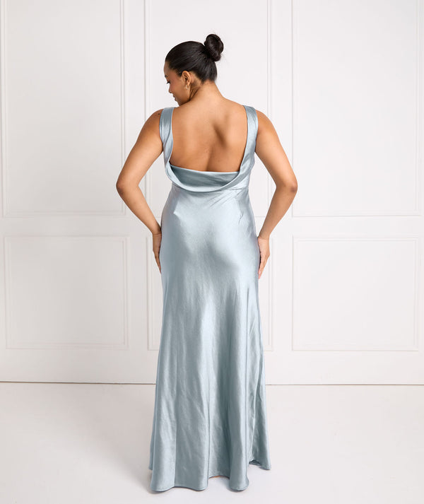Cowl Back Satin Bridesmaid Dress - Dusty Blue