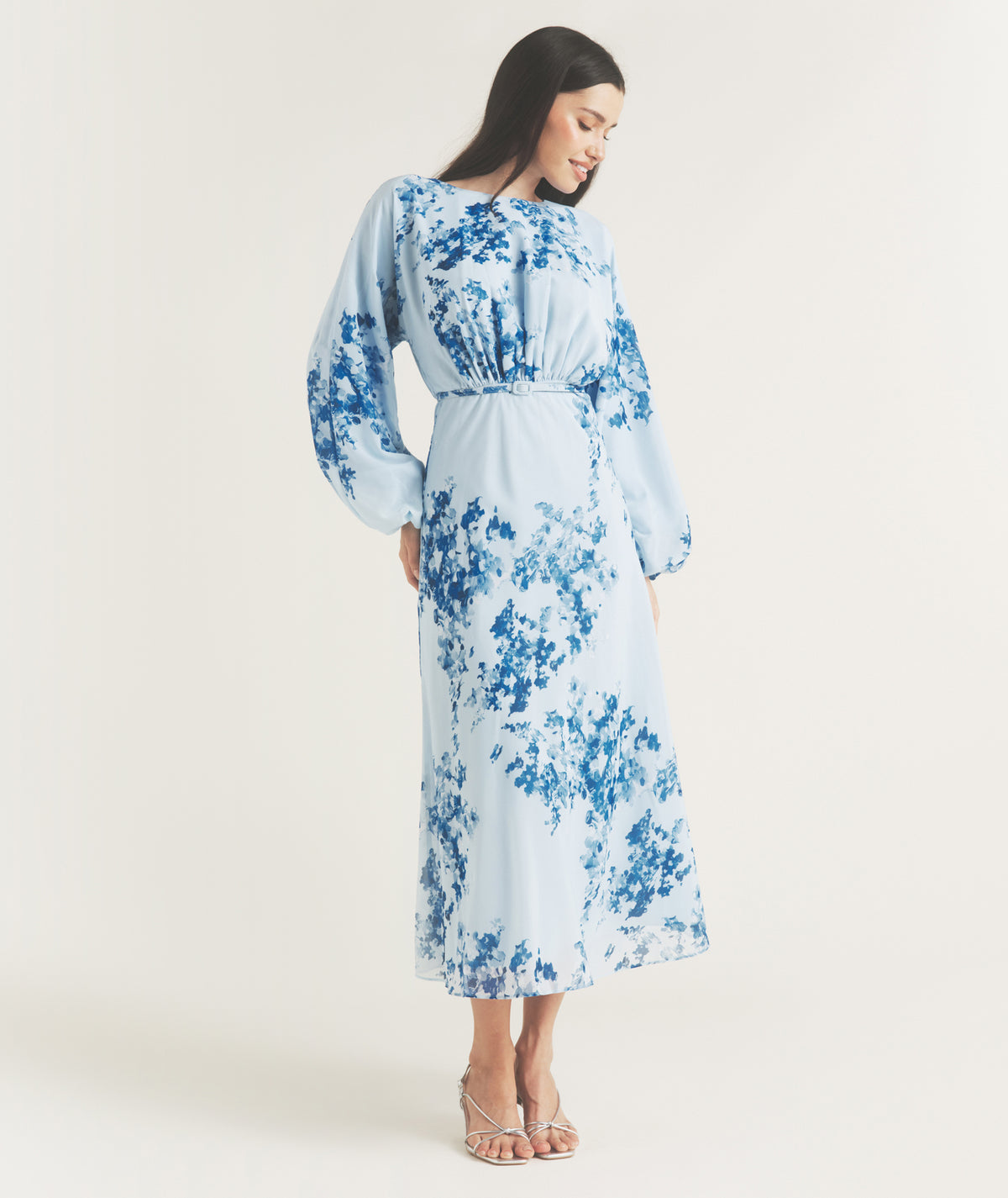 Floral Balloon Sleeve Maxi Dress - Pale Blue