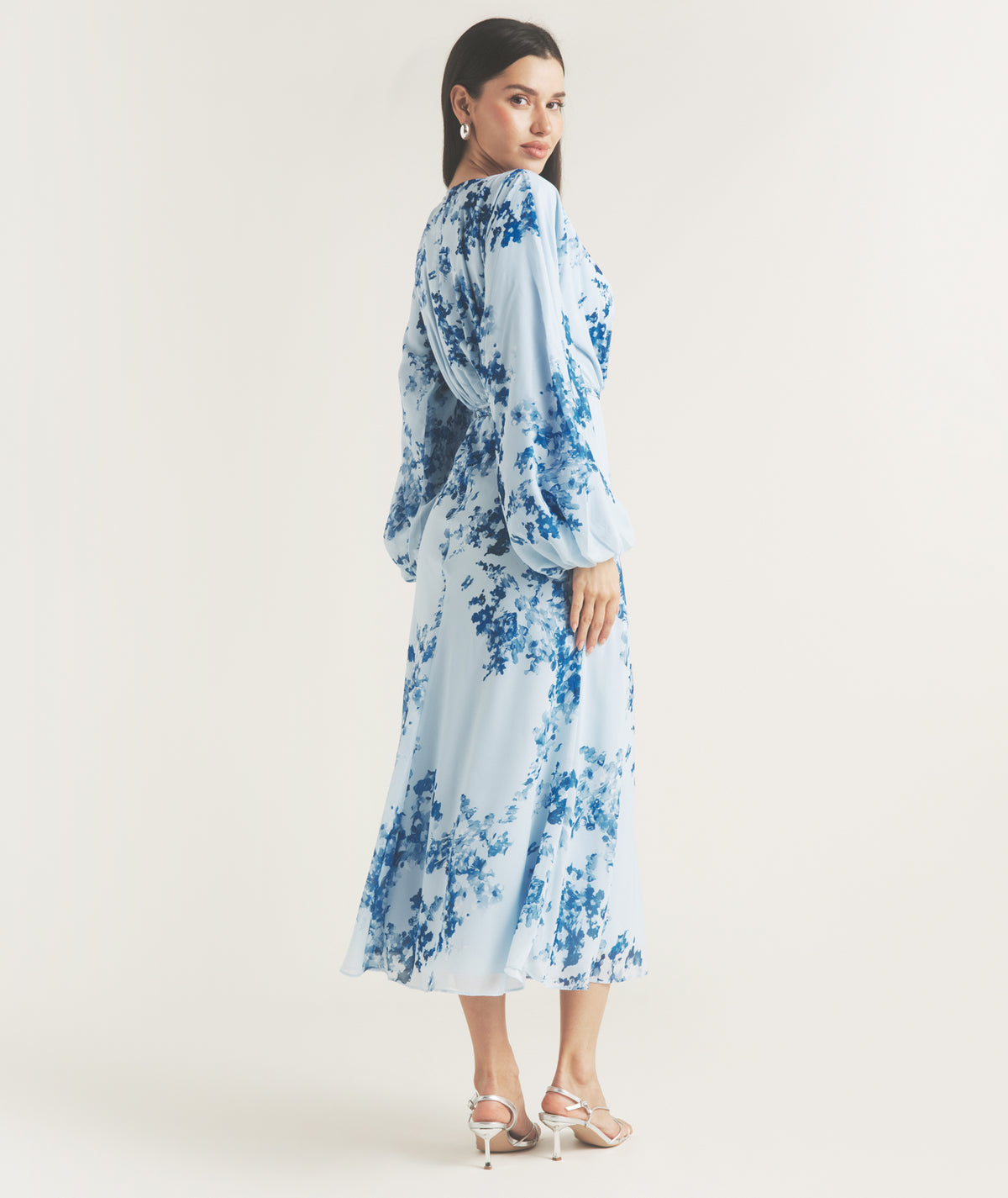 Floral Balloon Sleeve Maxi Dress - Pale Blue