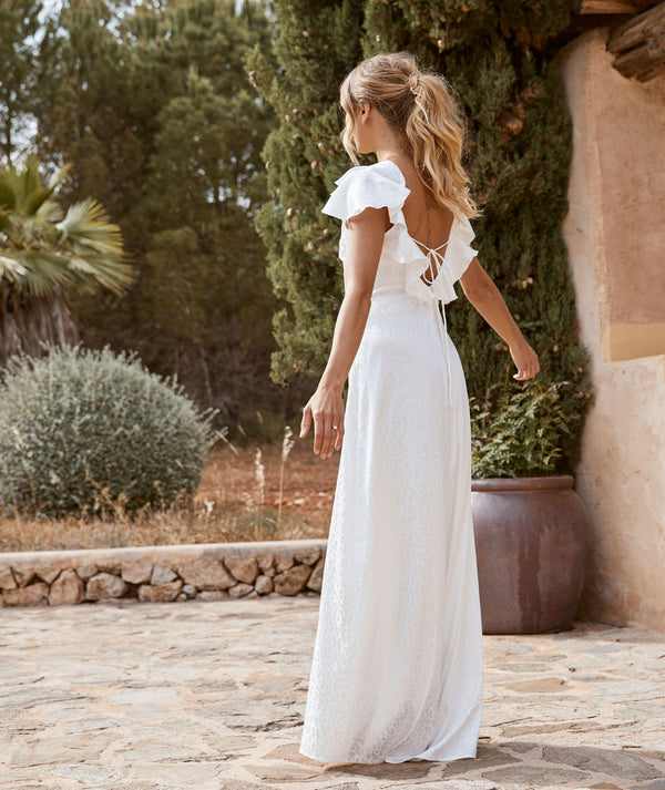 Jacquard Frill Shoulder Maxi Dress - White