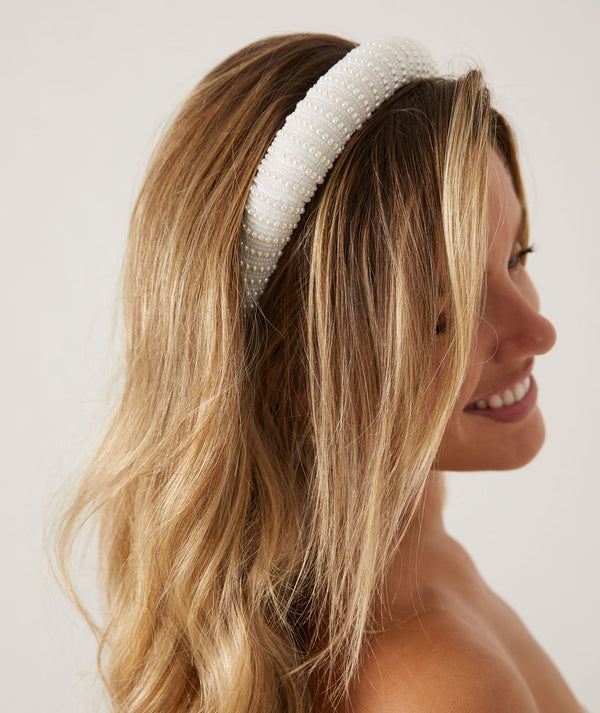 Pearl Detail Padded Headband - White