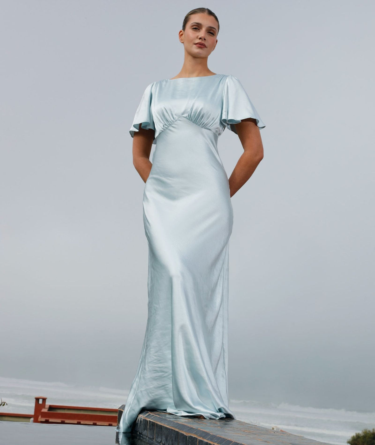 Gathered Bust Satin Bridesmaid Dress - Ice Blue