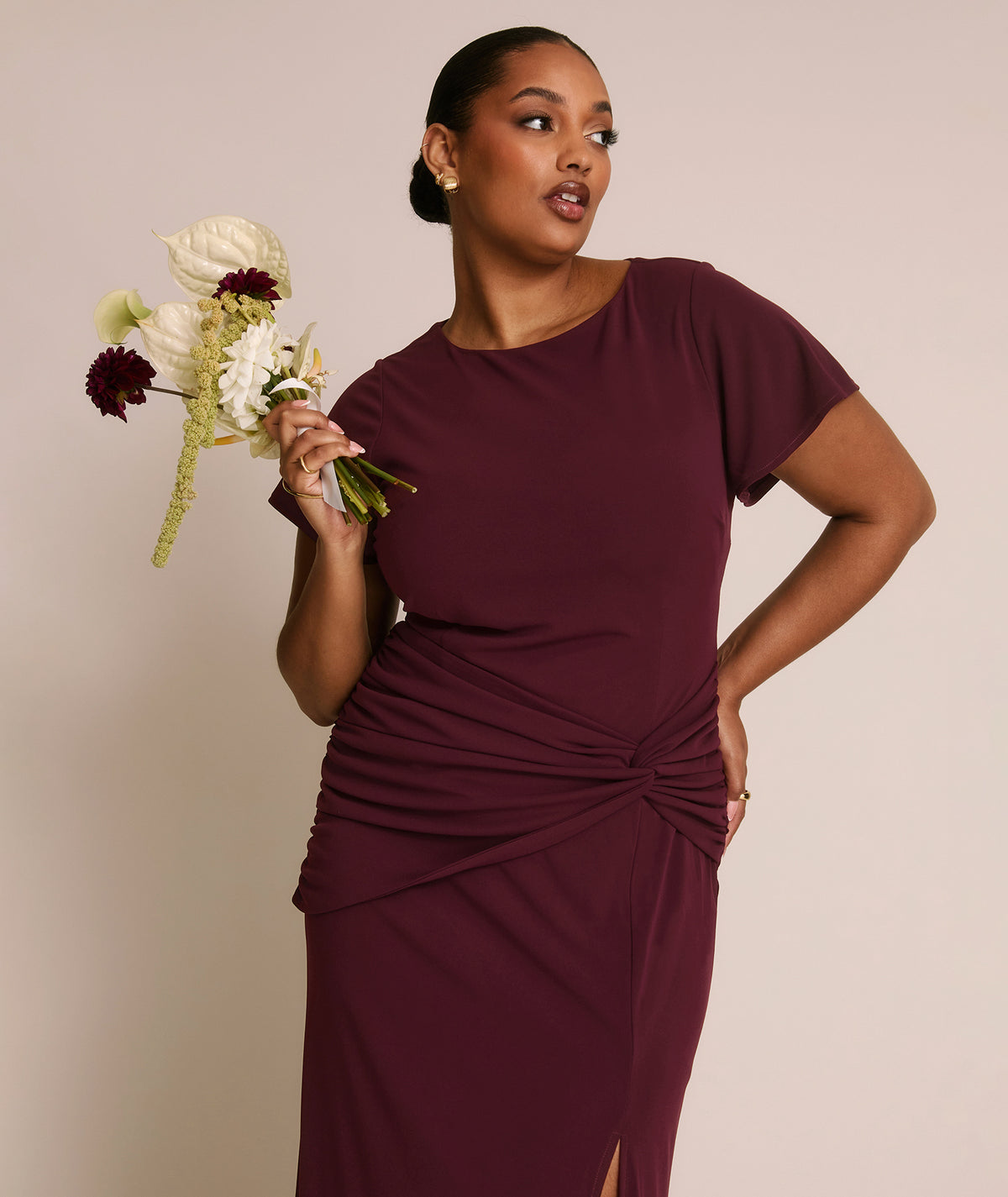Flutter Sleeve Stretch Sculpt Bridesmaid Dress - Merlot