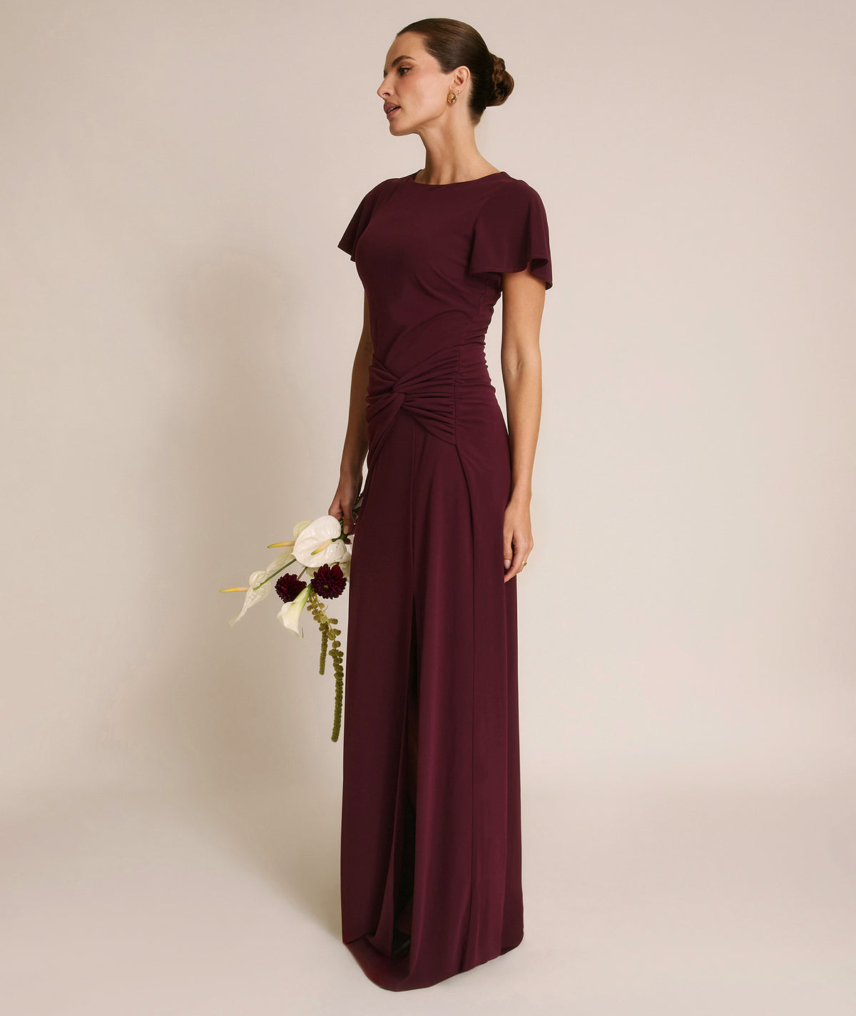 Flutter Sleeve Stretch Sculpt Bridesmaid Dress - Merlot