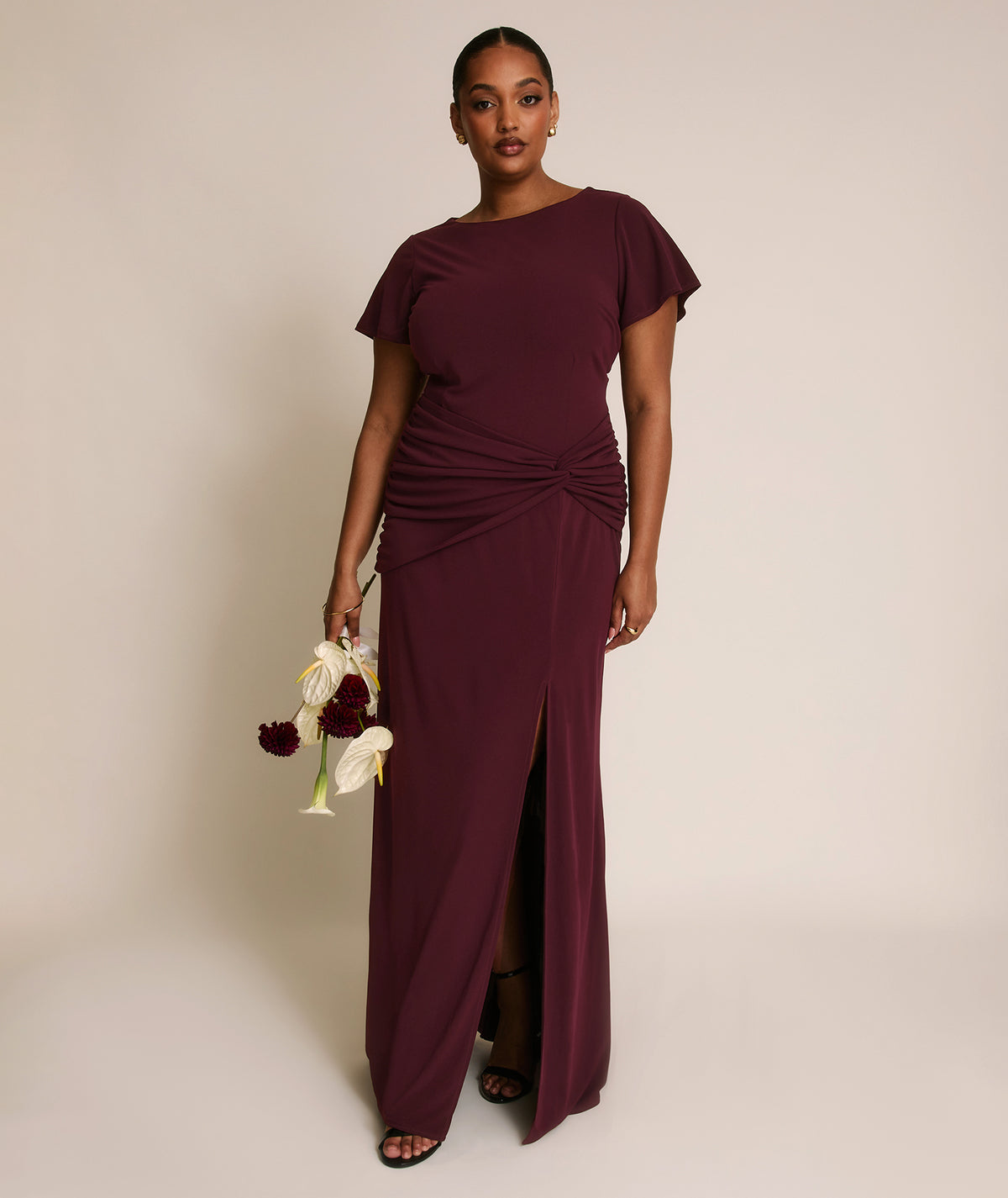 Flutter Sleeve Stretch Sculpt Bridesmaid Dress - Merlot