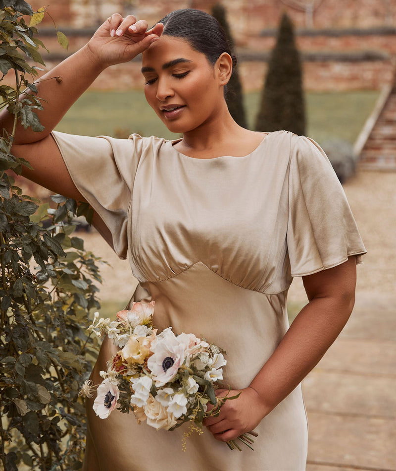 Gathered Bust Flutter Sleeve Satin Bridesmaid Dress - Champagne