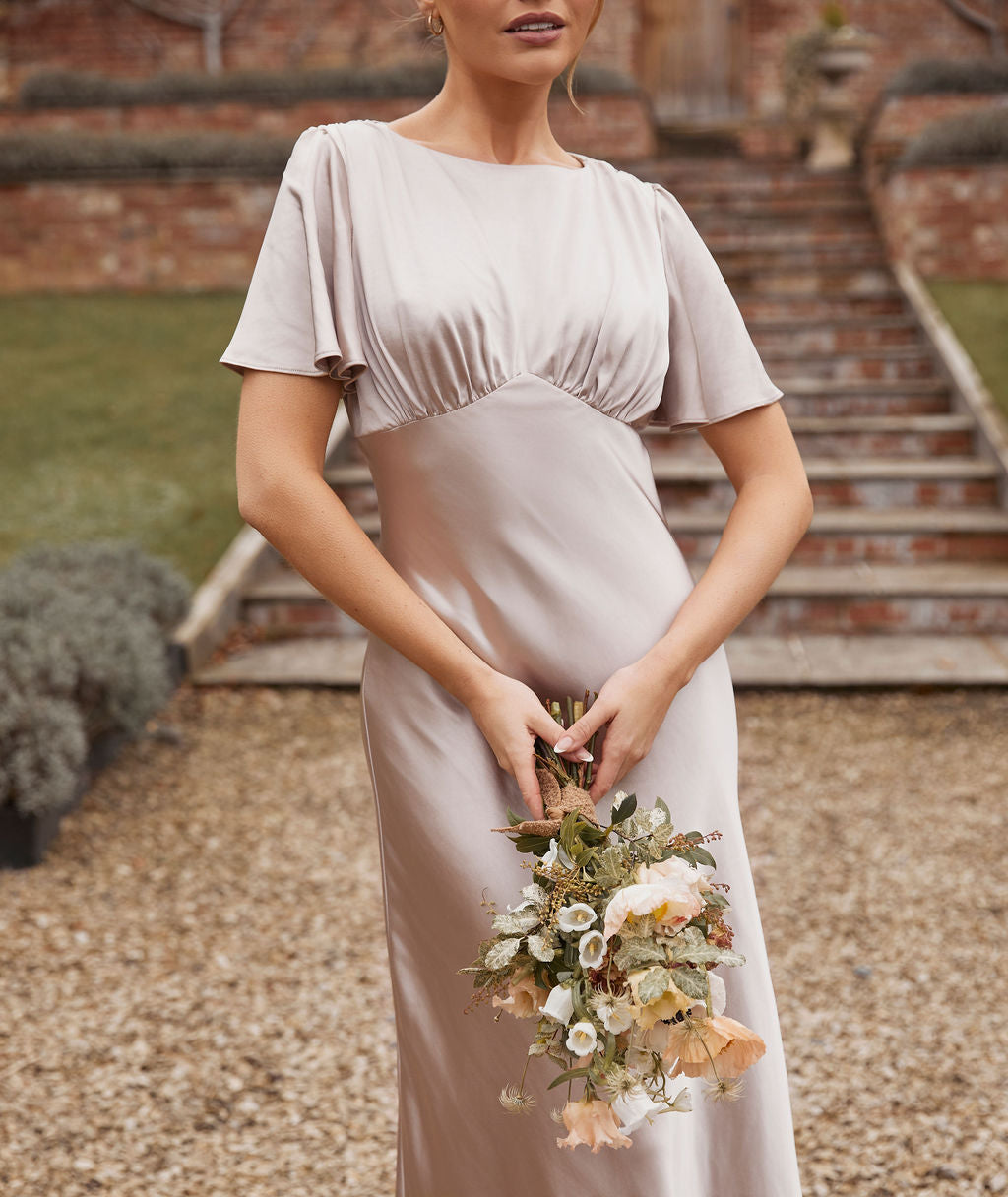 Gathered Bust Flutter Sleeve Satin Bridesmaid Dress - Oyster