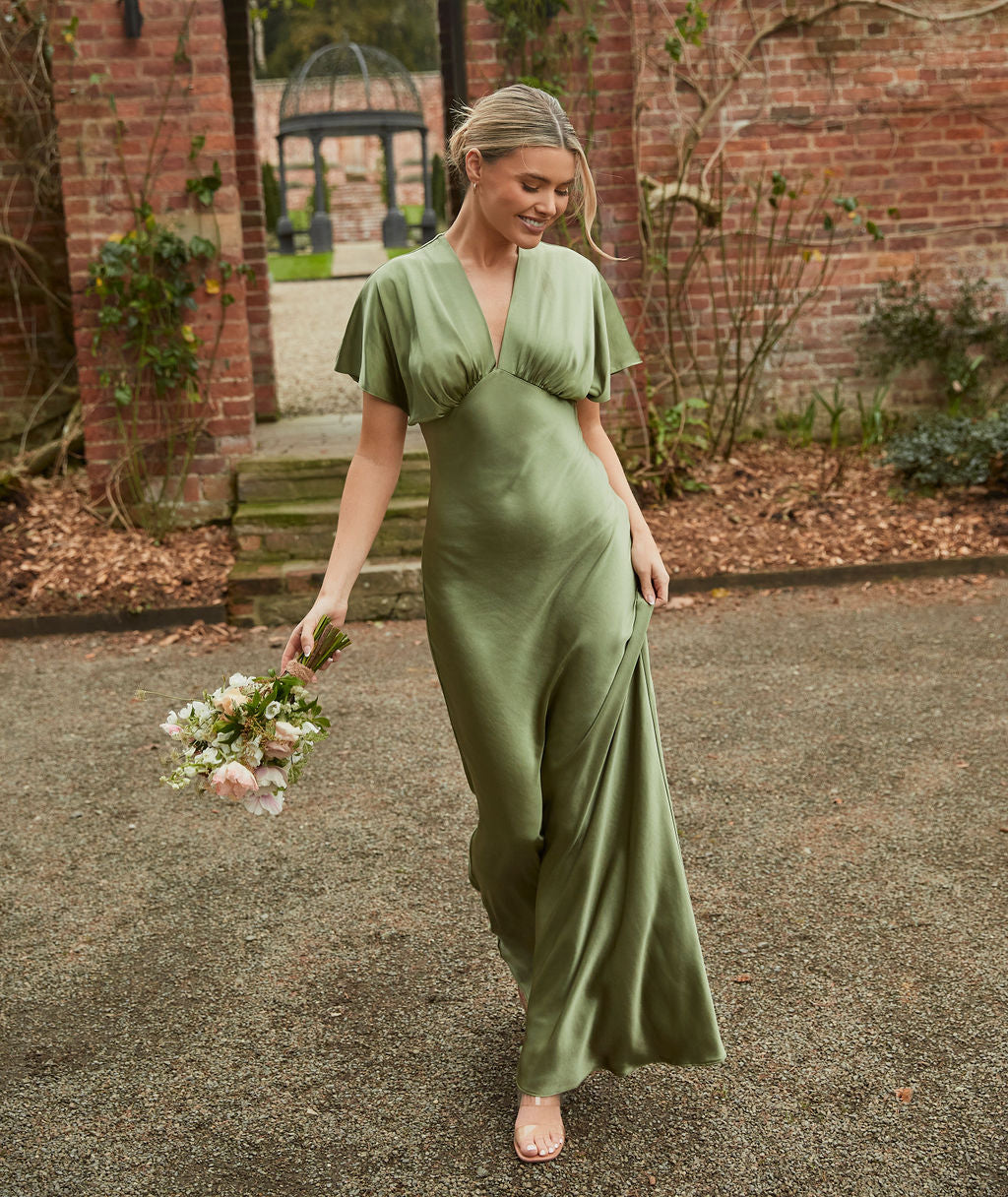 Plunge Batwing Satin Bridesmaid Dress - Moss Green Plunge Batwing Satin Bridesmaid Dress - Moss Green