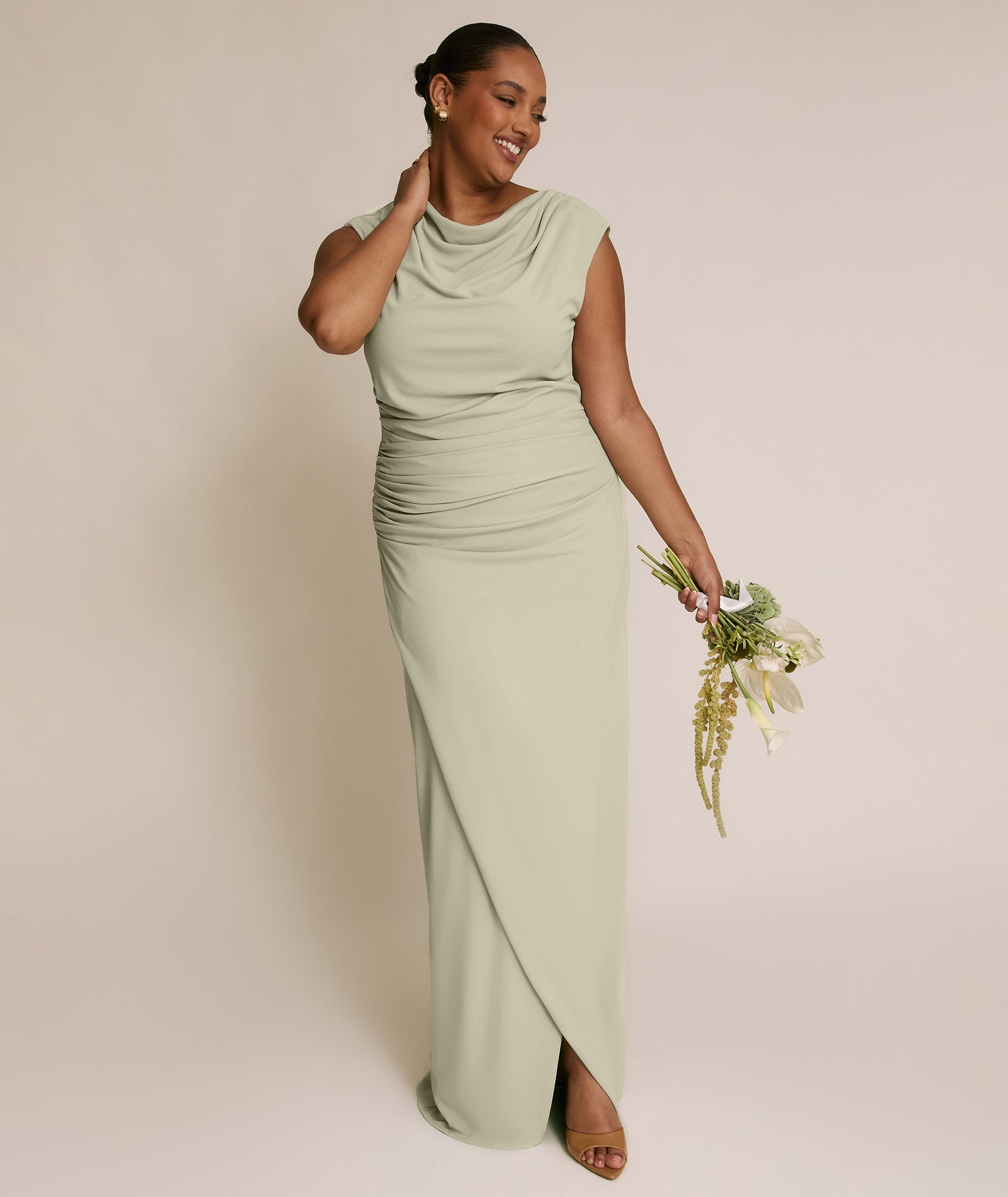Cowl Wrap Neck Stretch Sculpt Bridesmaid Dress