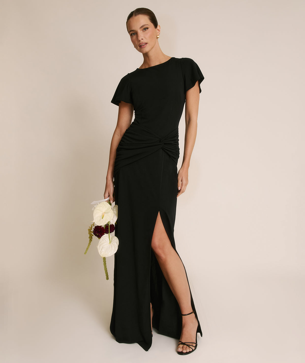 Flutter Sleeve Stretch Sculpt Bridesmaid Dress - Black