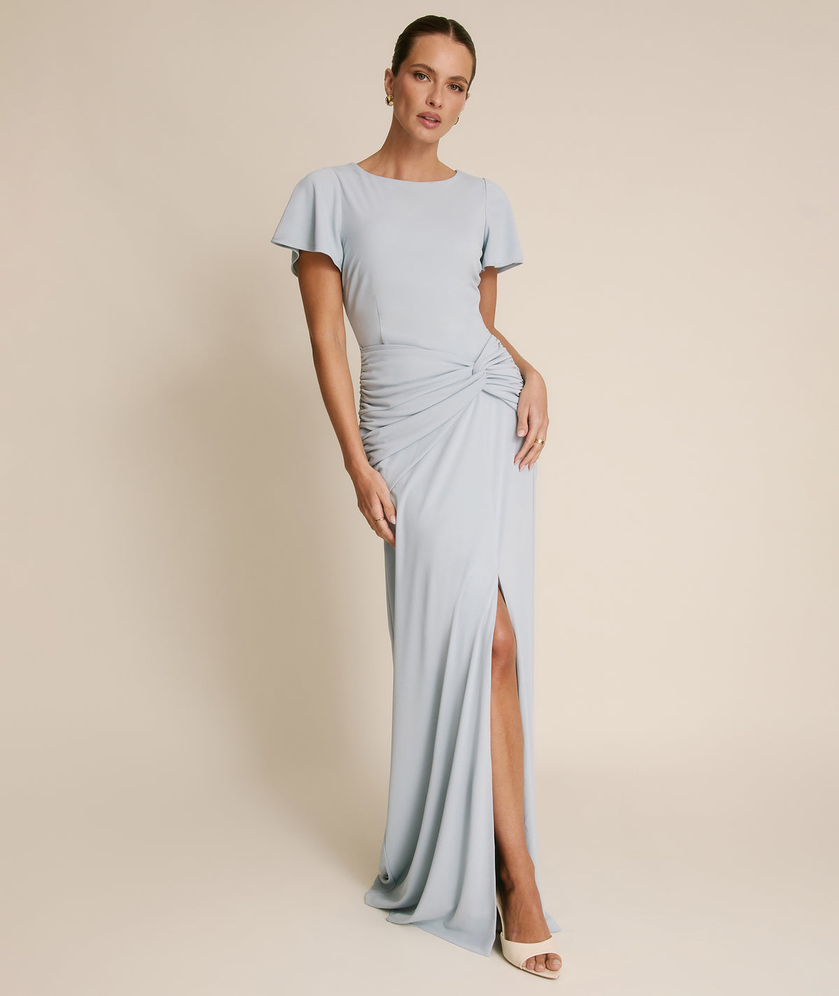 Flutter Sleeve Stretch Sculpt Bridesmaid Dress - Pale Blue