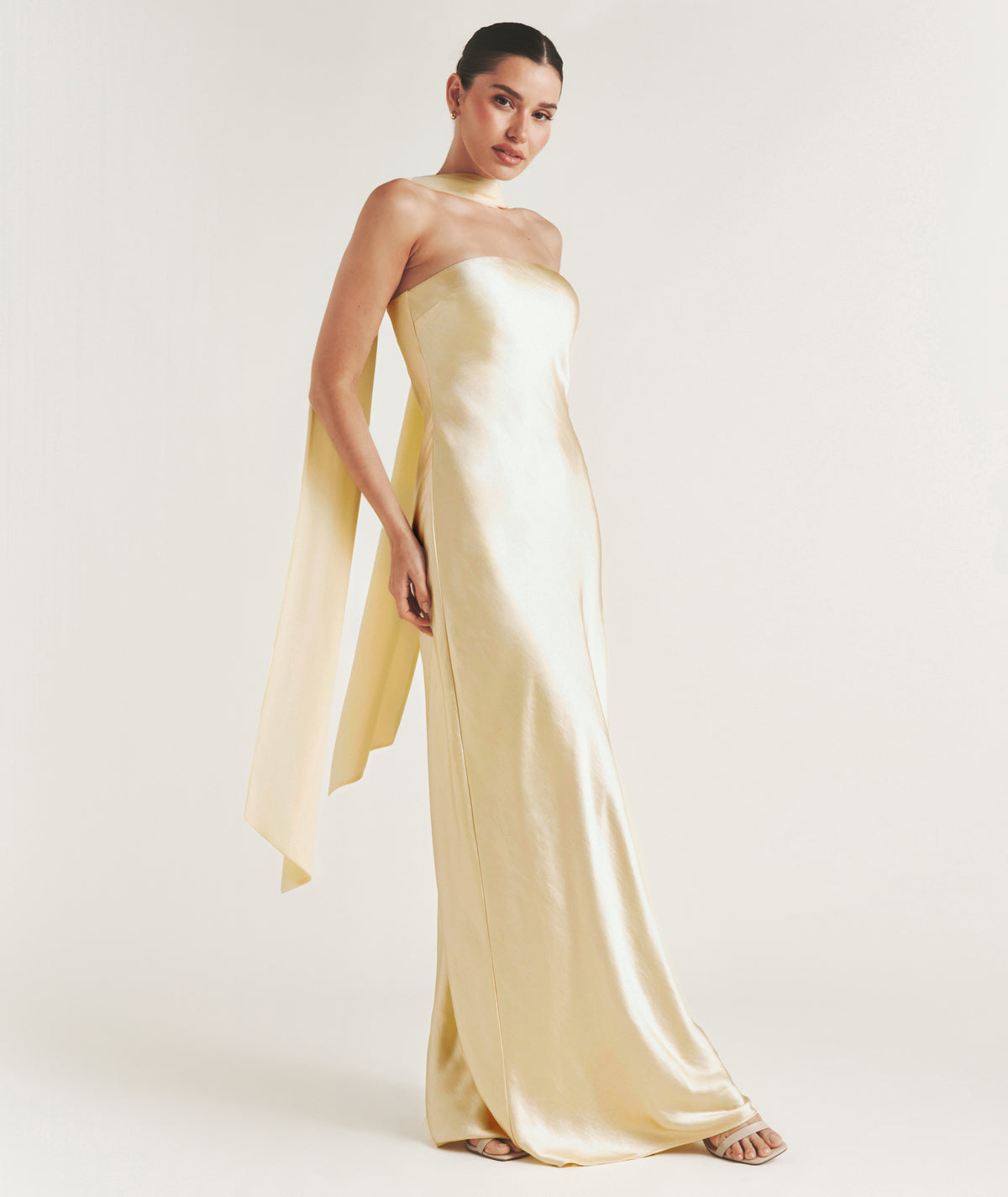 Bandeau Satin Bridesmaid Dress with Chiffon Neck Scarf - Butter Lemon