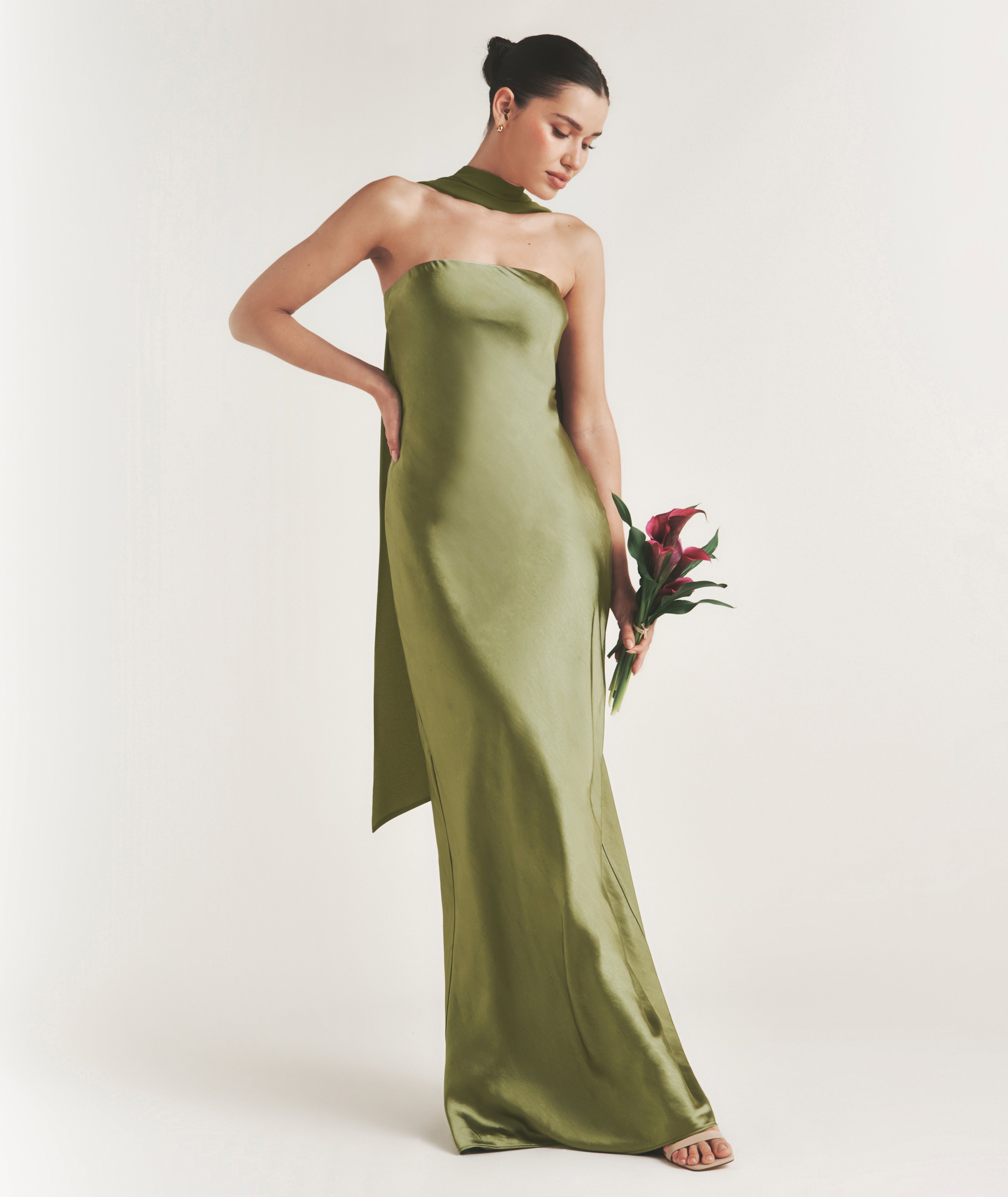 Bandeau Satin Bridesmaid Dress with Chiffon Neck Scarf - Moss Green Six Stories Bandeau Satin Bridesmaid Dress with Chiffon Neck Scarf - Moss Green Six Stories