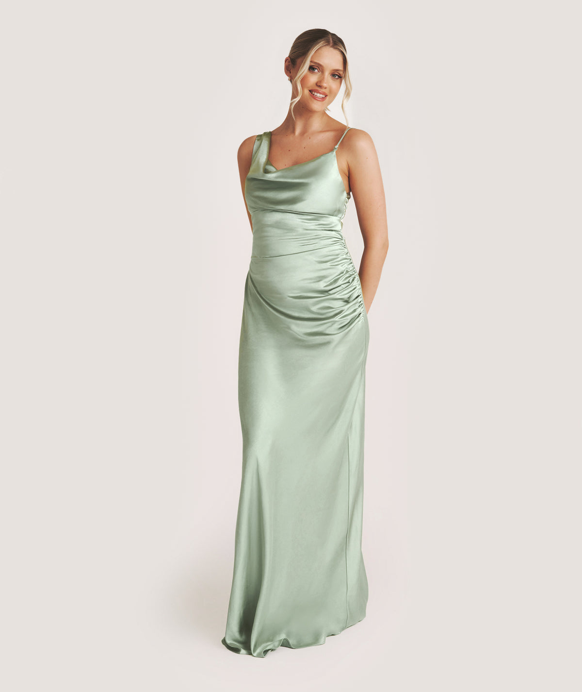 Cowl Asymmetrical Satin Bridesmaid Dress - Sage