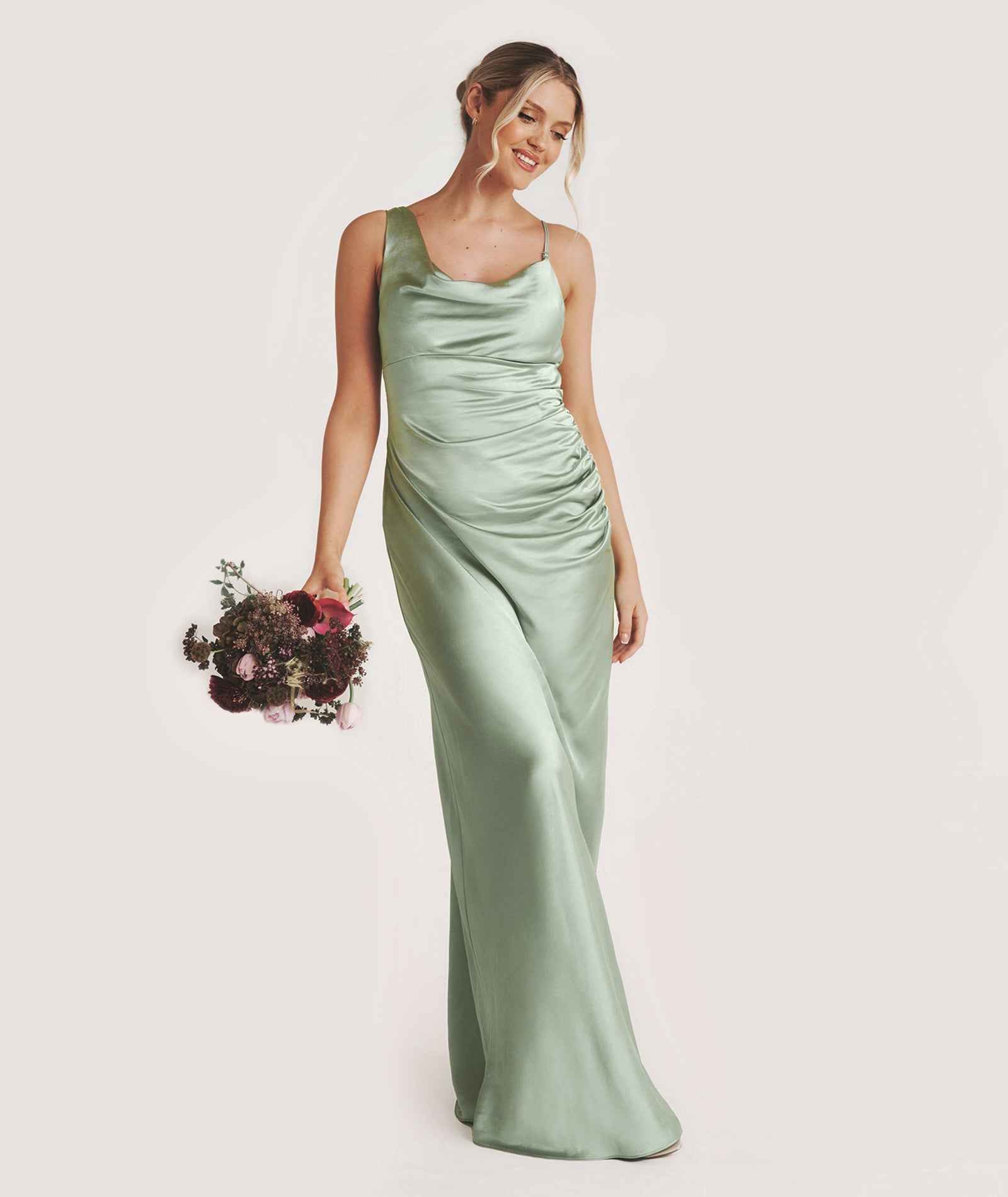 Sage Mermaid Cowl Neckline Long Satin Bridesmaid Dress