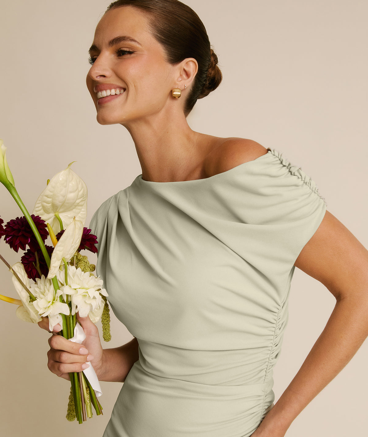 Asymmetric Neck Stretch Sculpt Bridesmaid Dress - Soft Sage