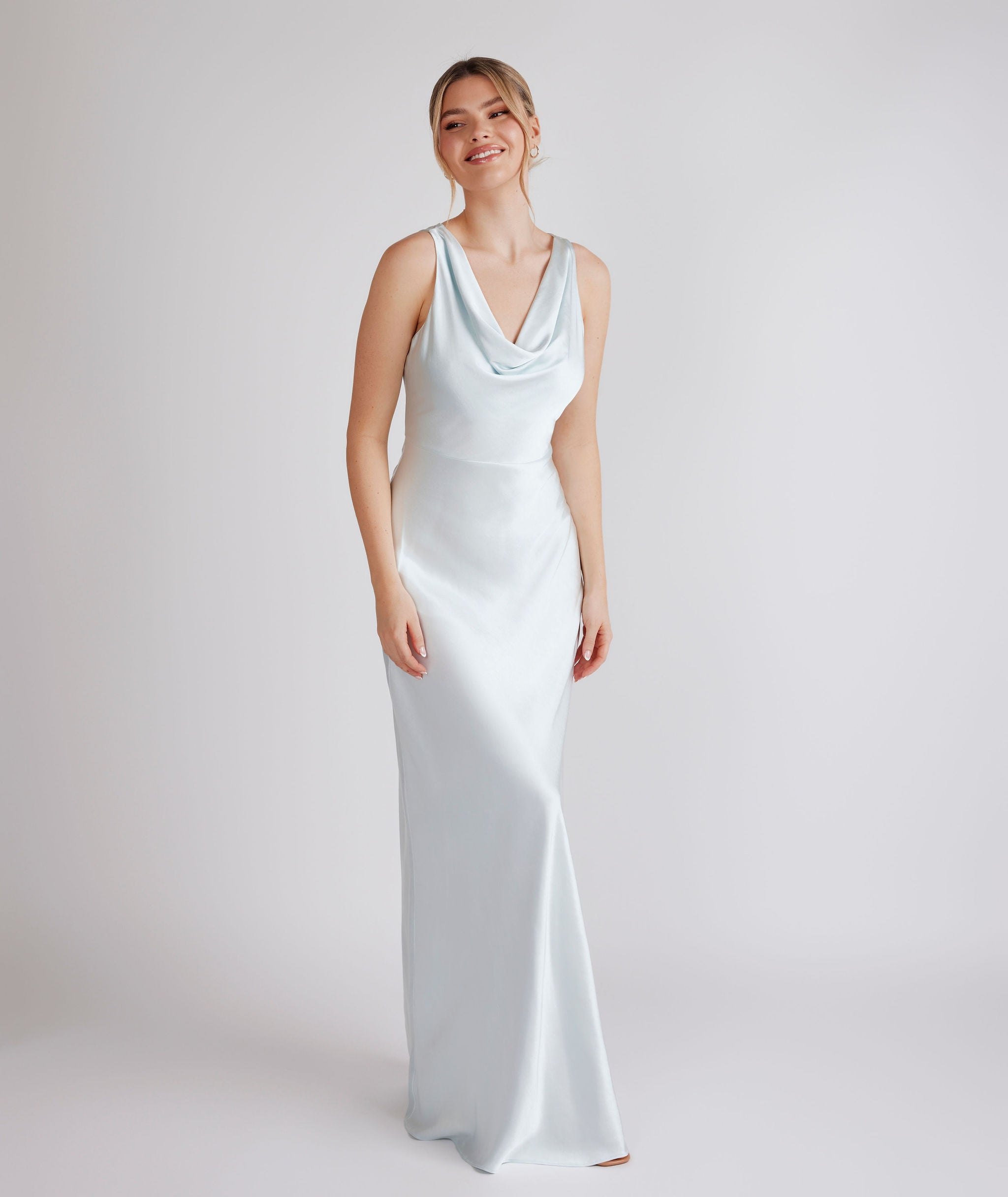 Cowl Neck Ice Blue Pleated Bridesmaid Dress with Slit