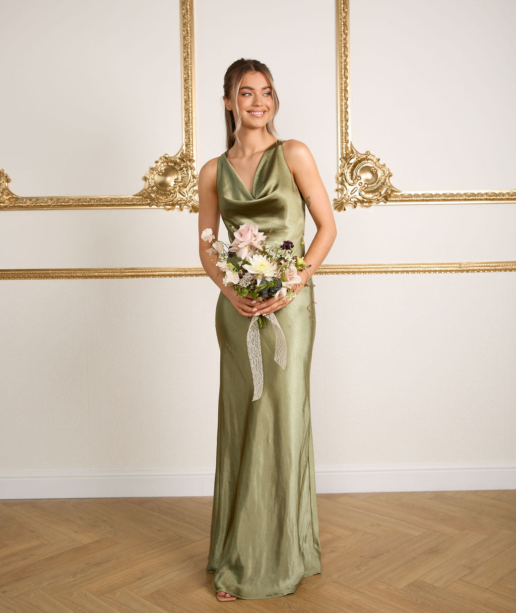 Cowl Front Satin Bridesmaid Dress - Moss Green | Occasion Dress – Six Stories Cowl Front Satin Bridesmaid Dress - Moss Green | Occasion Dress – Six Stories