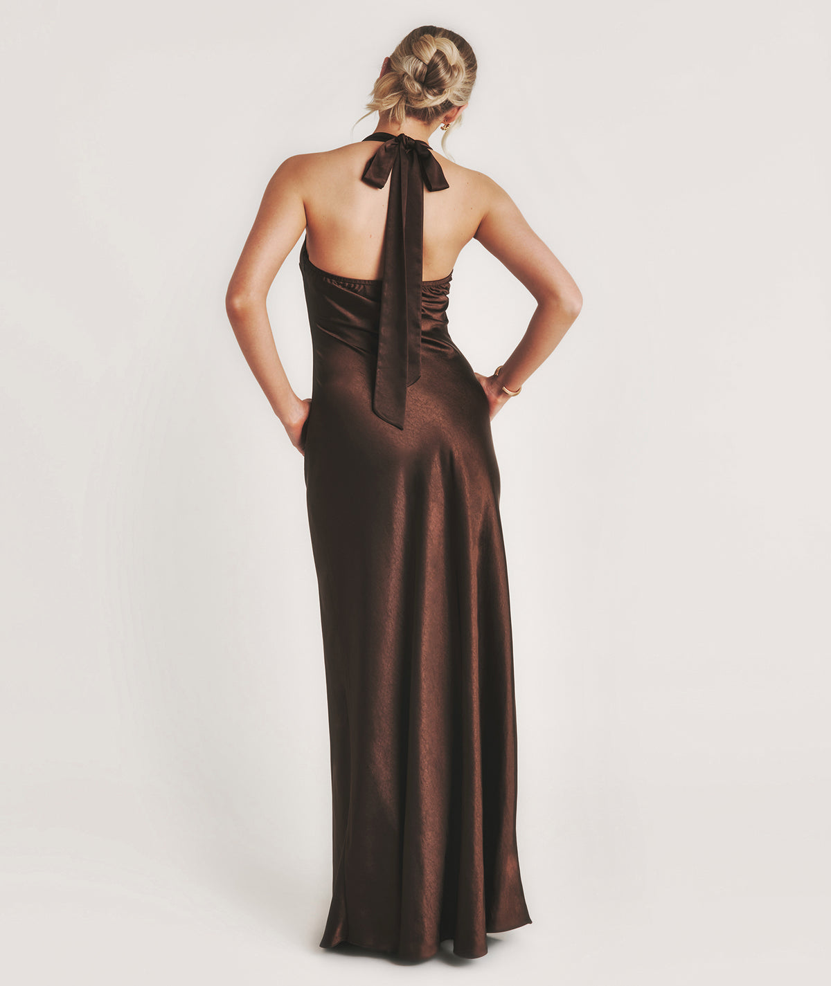 Racer Neck Satin Bridesmaid Dress - Chocolate