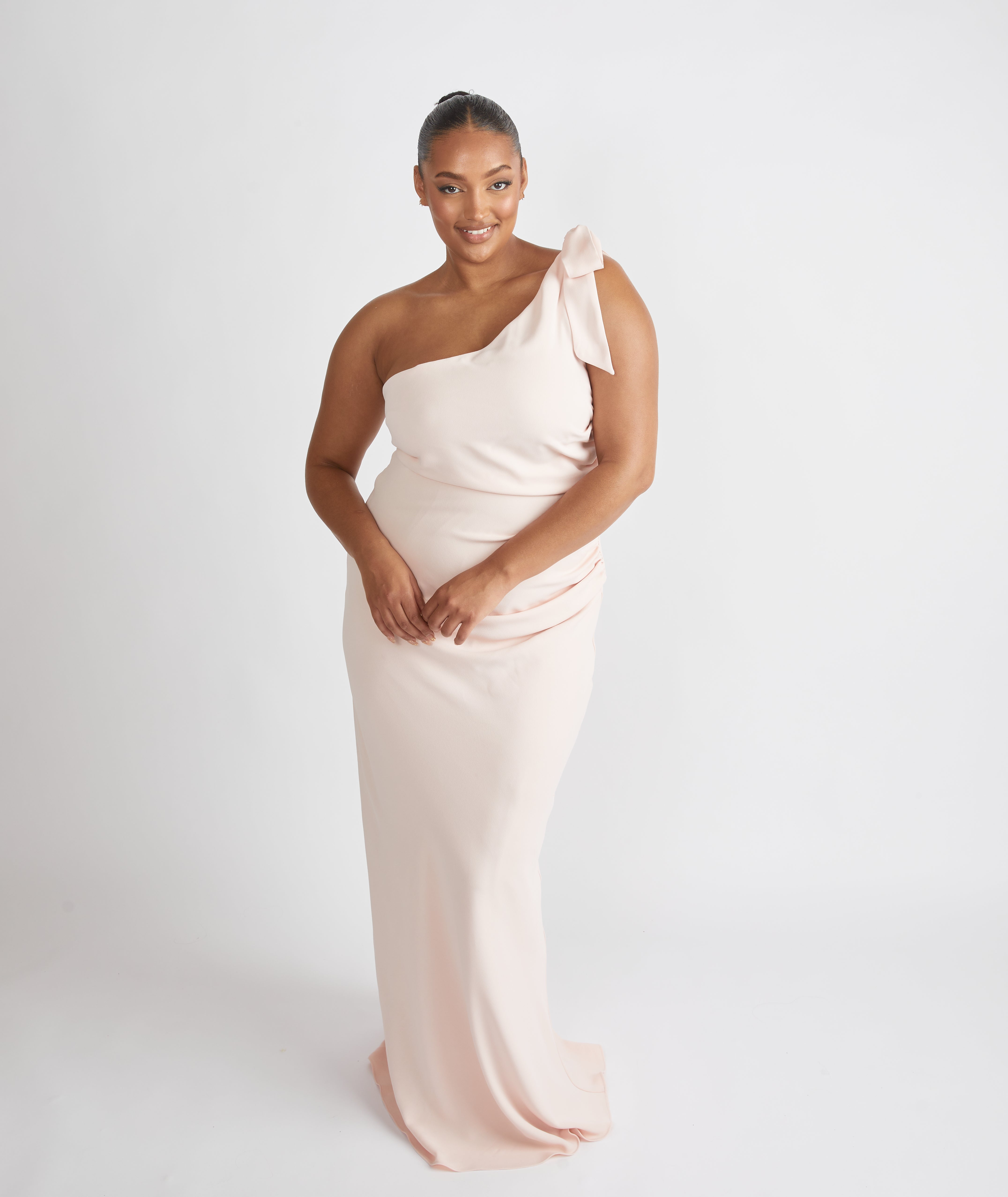 Bow One Shoulder Crepe Bridesmaid Dress Blush