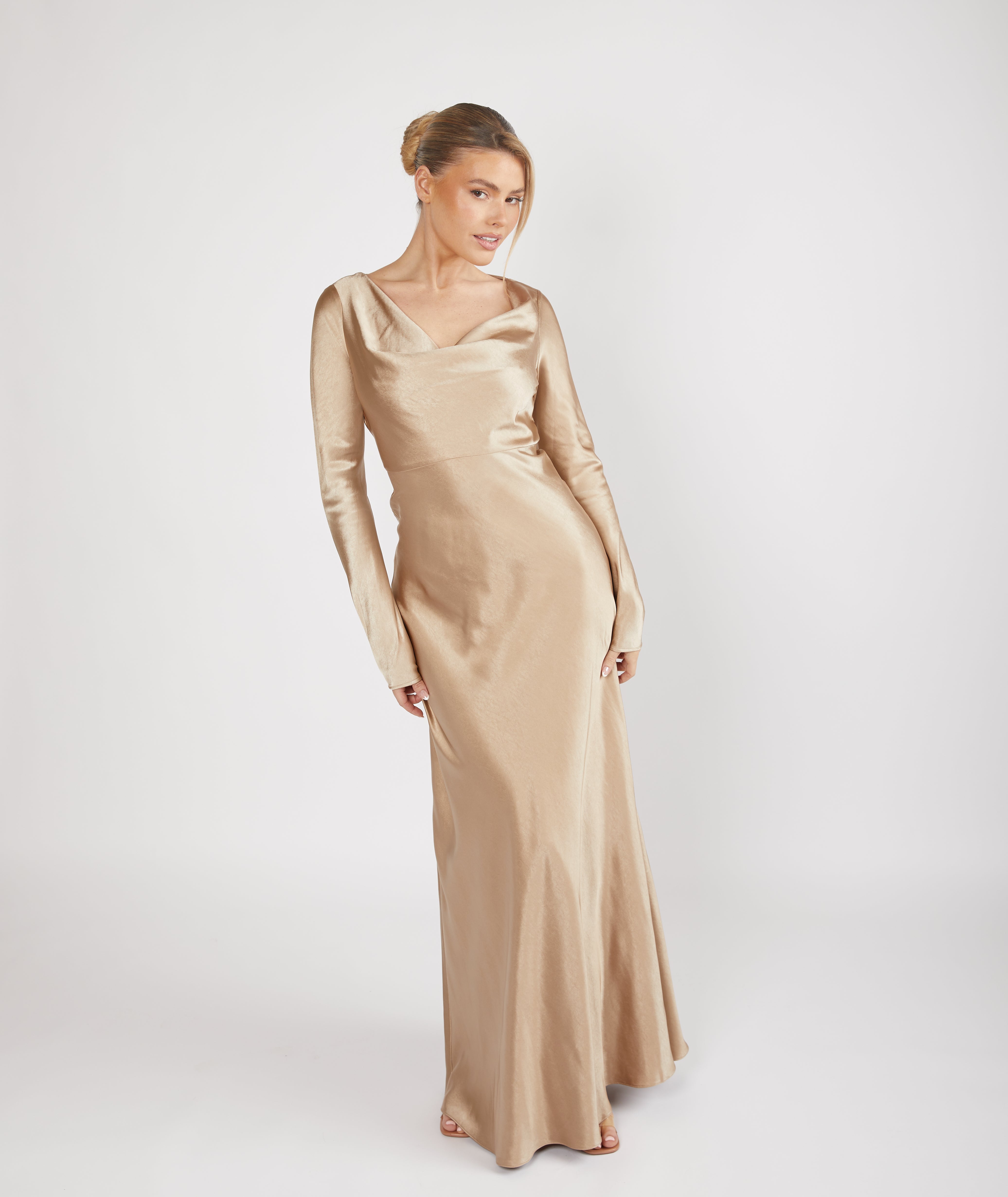 Cowl Front Long Sleeve Satin Bridesmaid Dress Champagne Six