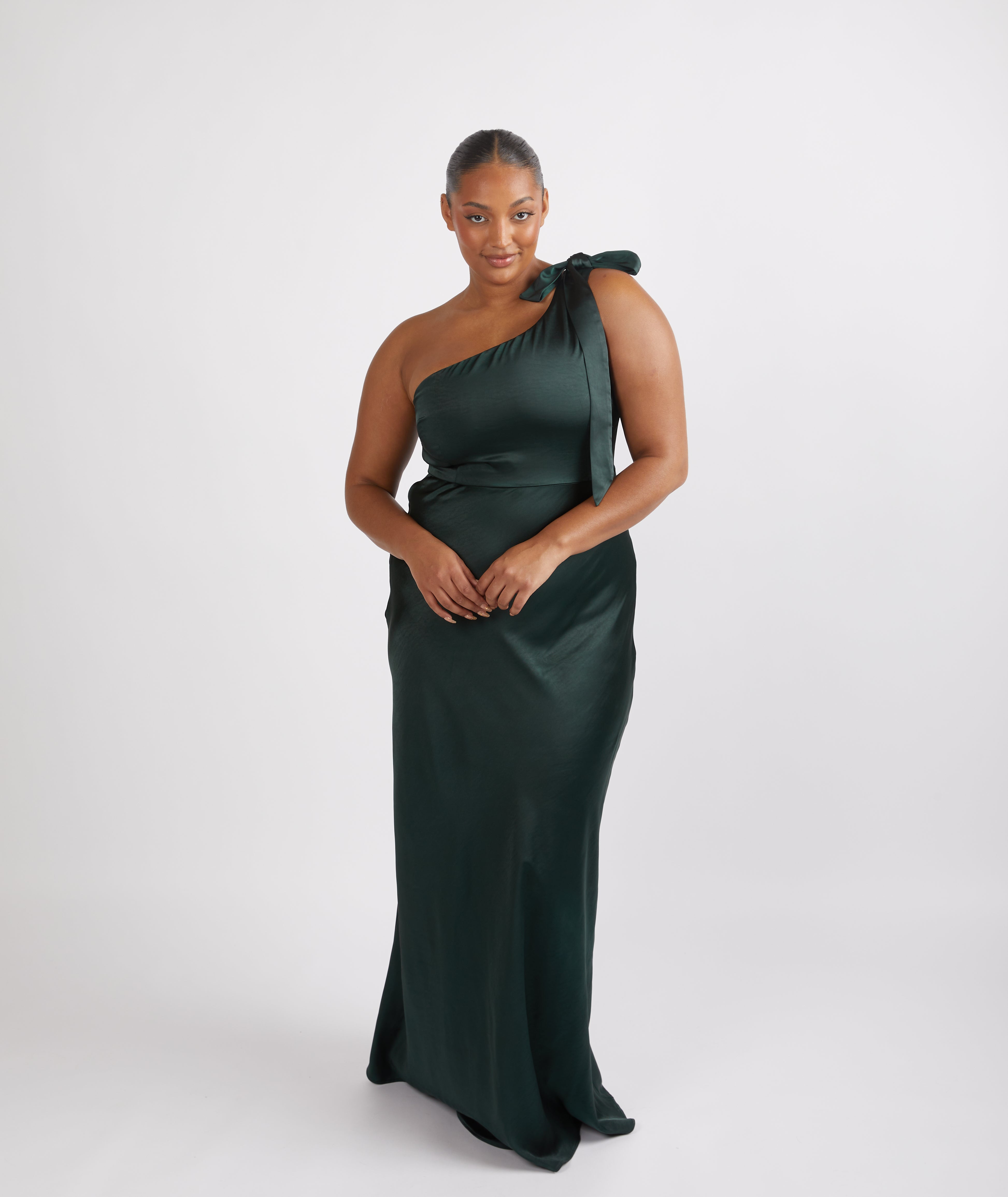 Bow One Shoulder Satin Bridesmaid Dress - Emerald | Six Stories