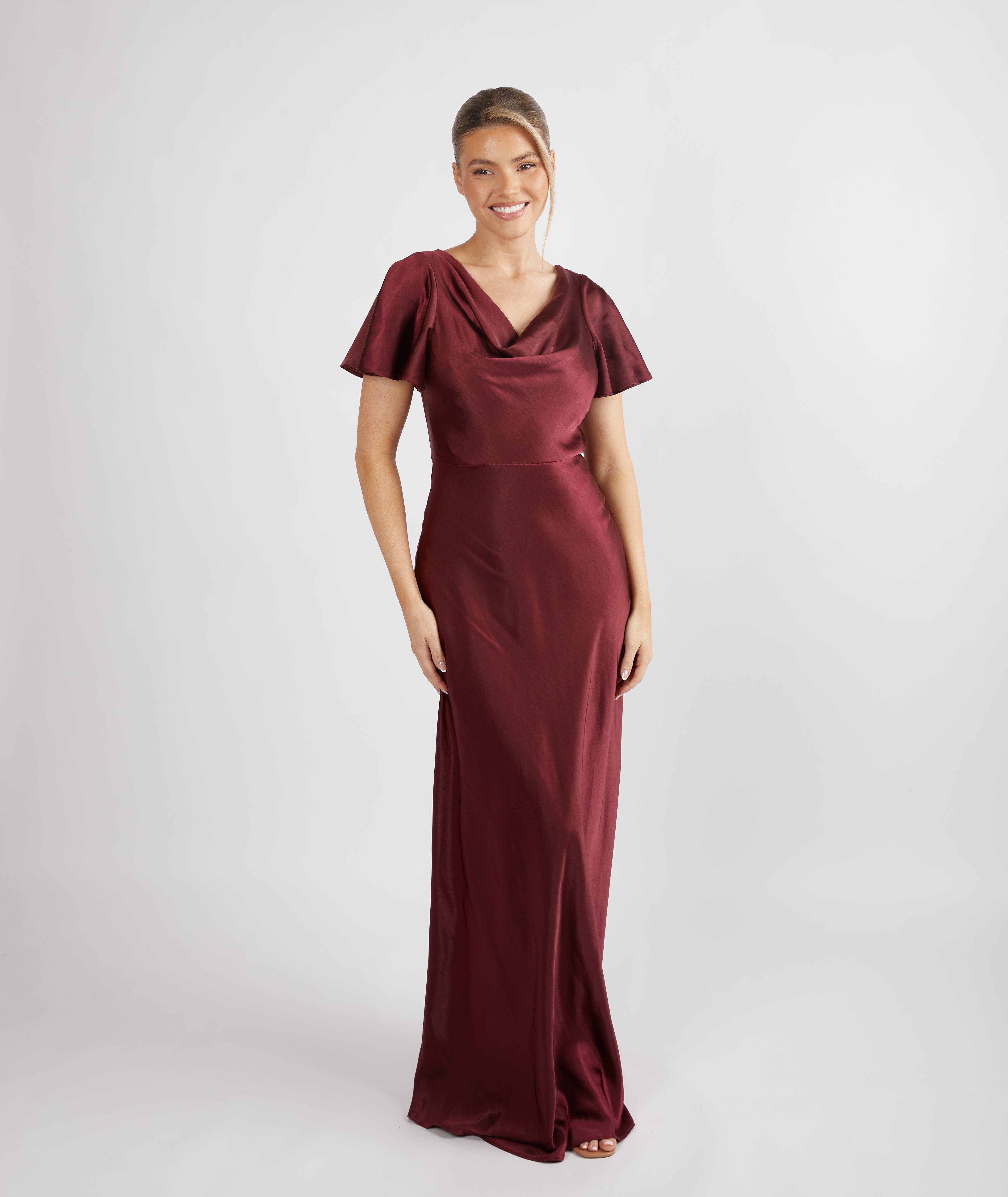 Cowl Front Satin Short Sleeve Bridesmaid Dress - Deep Wine | Six Stories Cowl Front Satin Short Sleeve Bridesmaid Dress - Deep Wine | Six Stories
