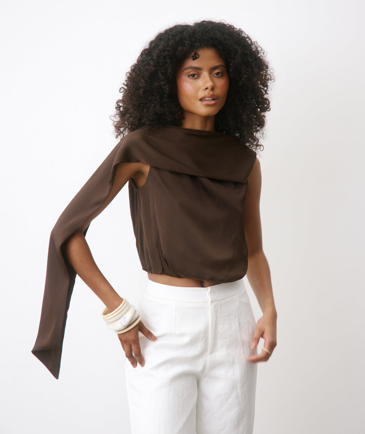 Satin Drape Detail High Neck Top - Chocolate