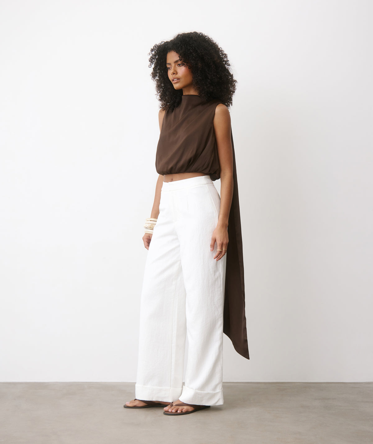 Satin Drape Detail High Neck Top - Chocolate