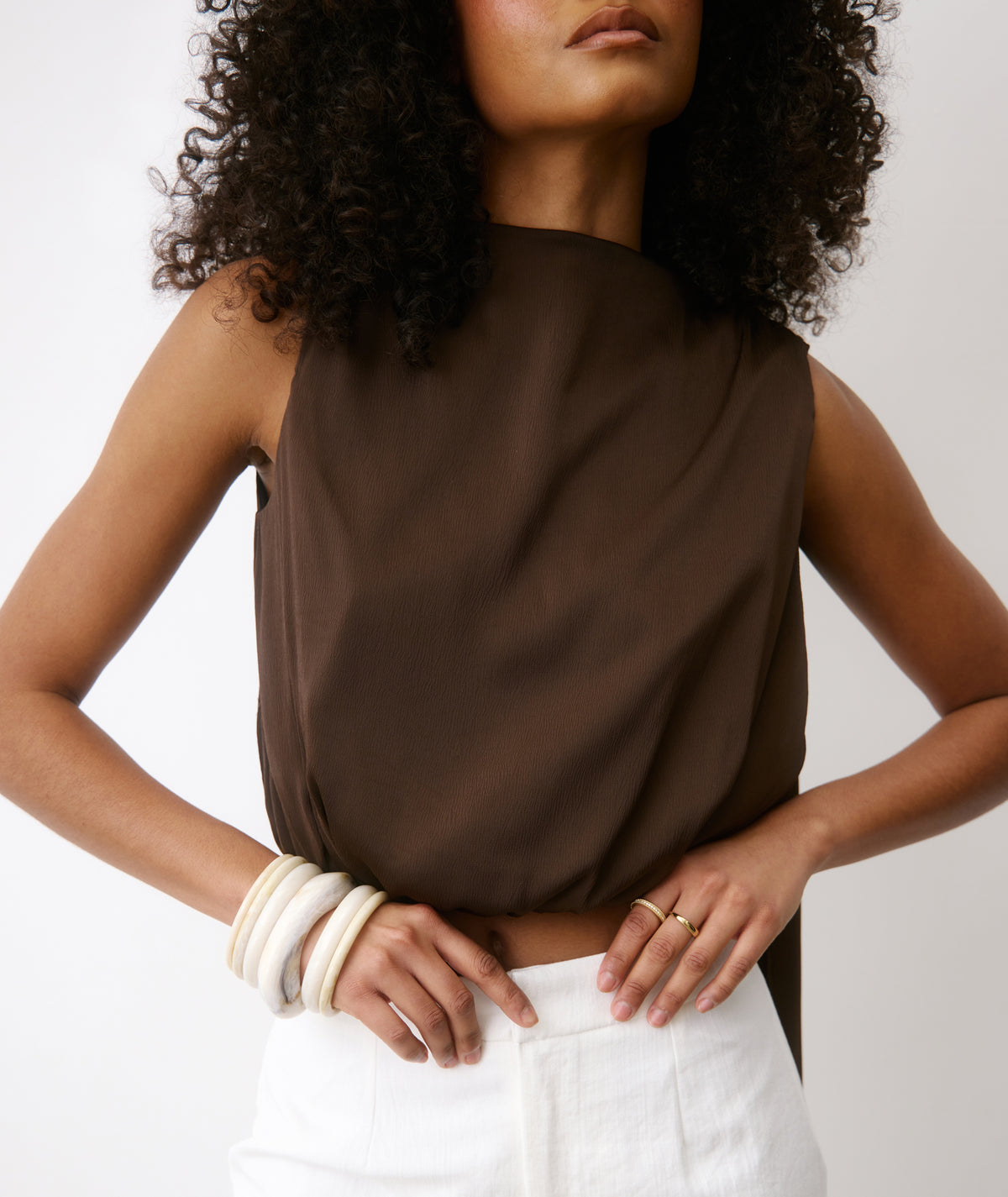 Satin Drape Detail High Neck Top - Chocolate
