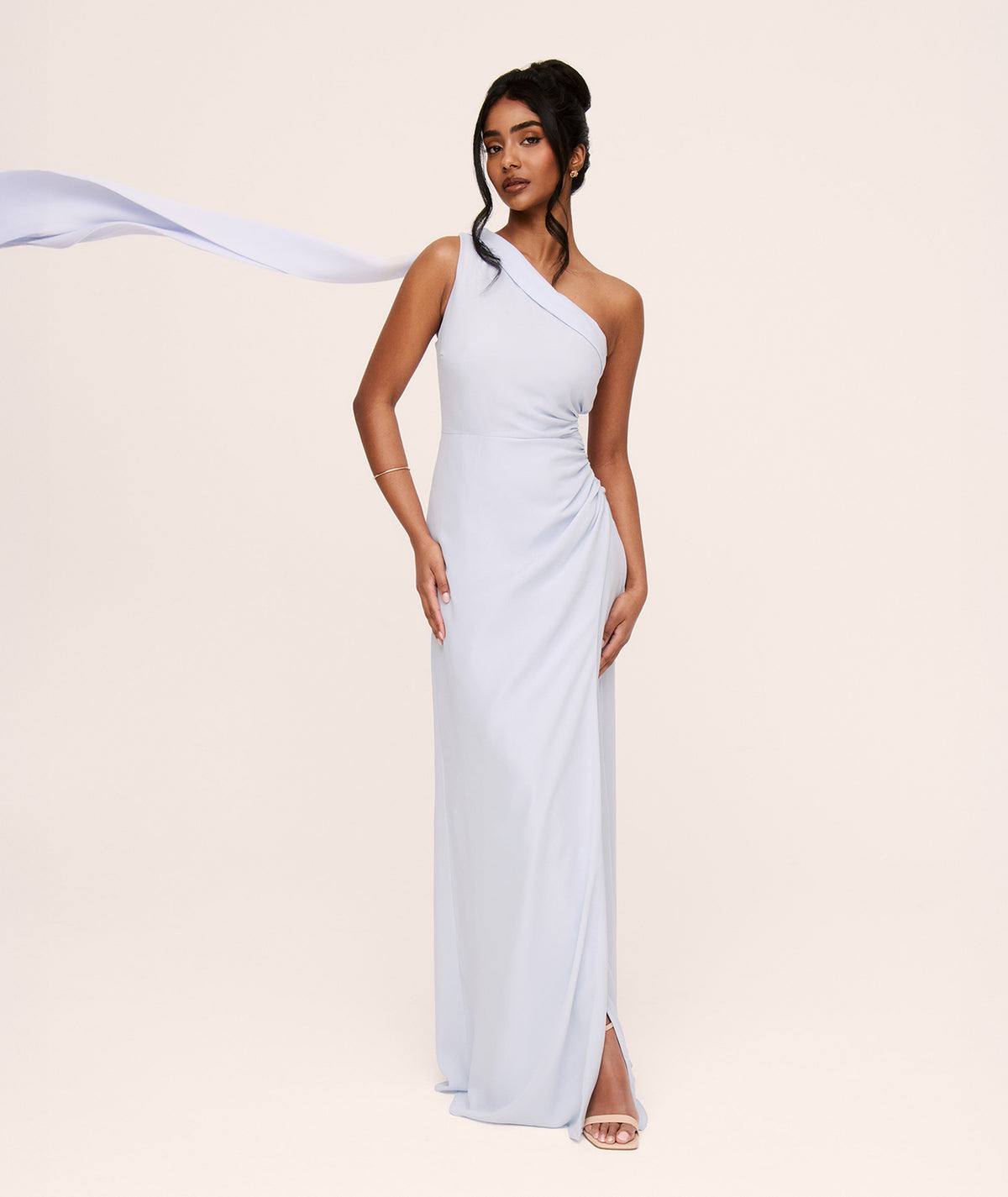 One Shoulder Neck Tie Chiffon Bridesmaid Dress - Powder Blue