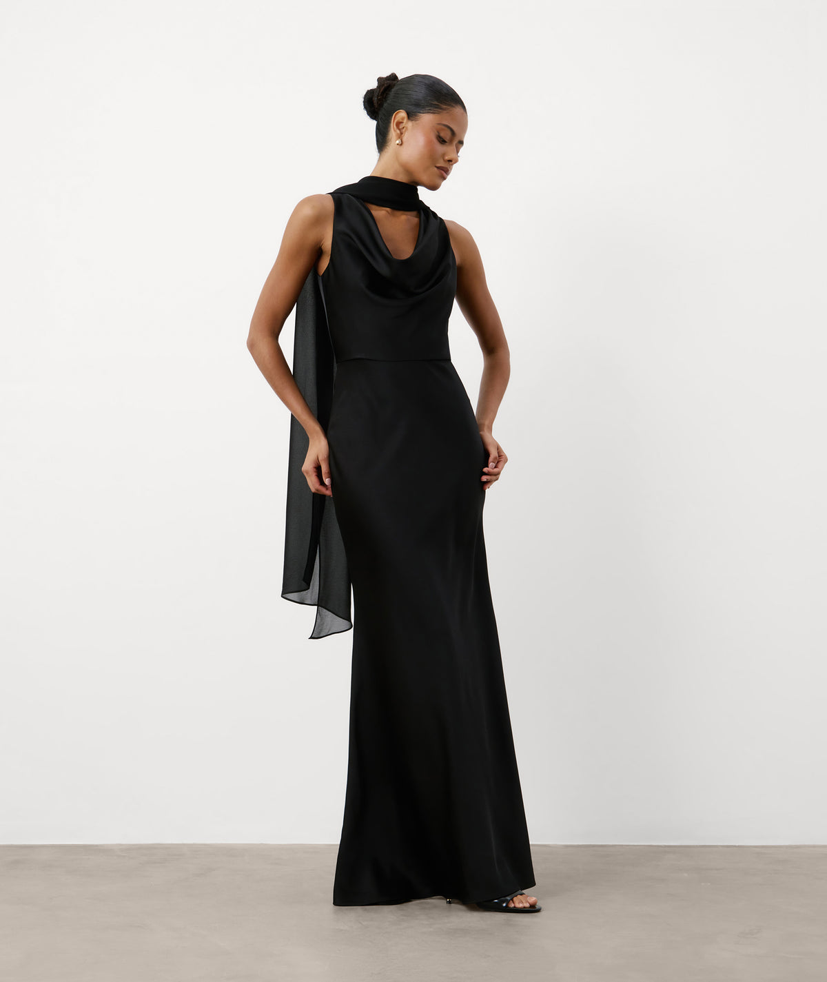 Cowl Front Satin Bridesmaid Dress - Black
