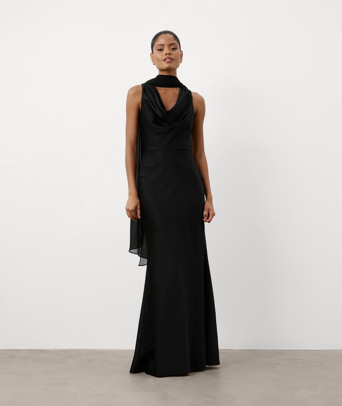 Cowl Front Satin Bridesmaid Dress - Black