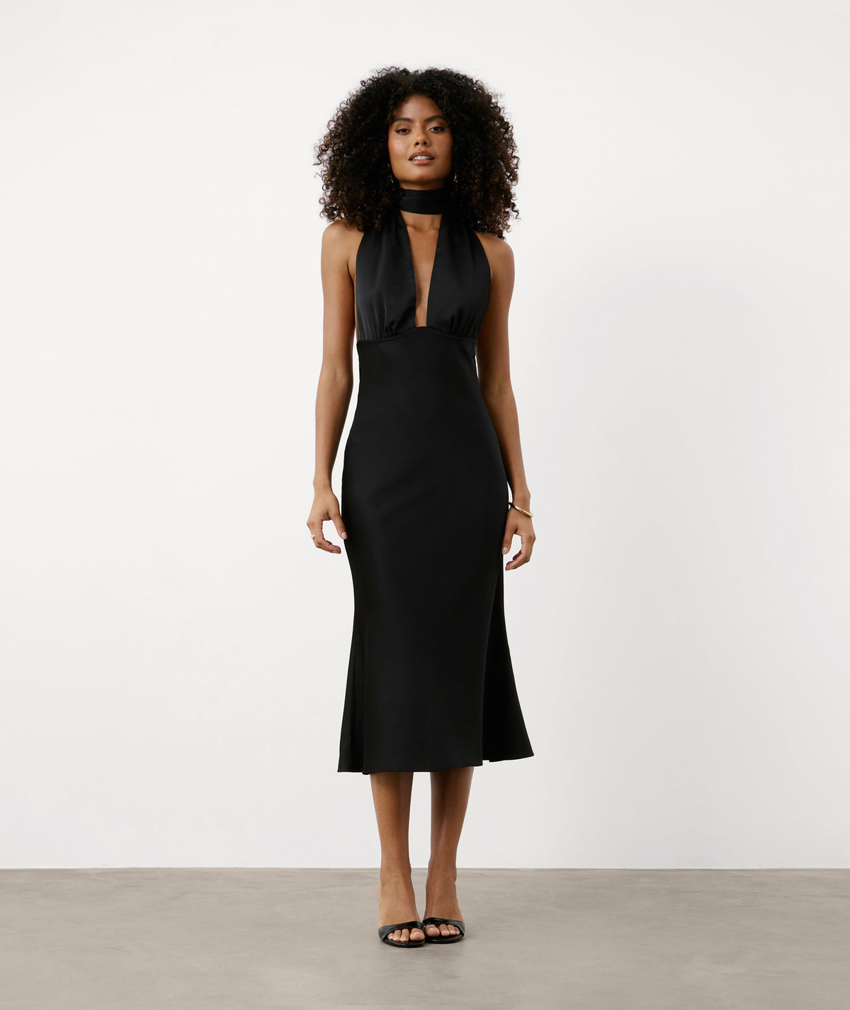 Plunge Tie Satin Midi Dress - Black