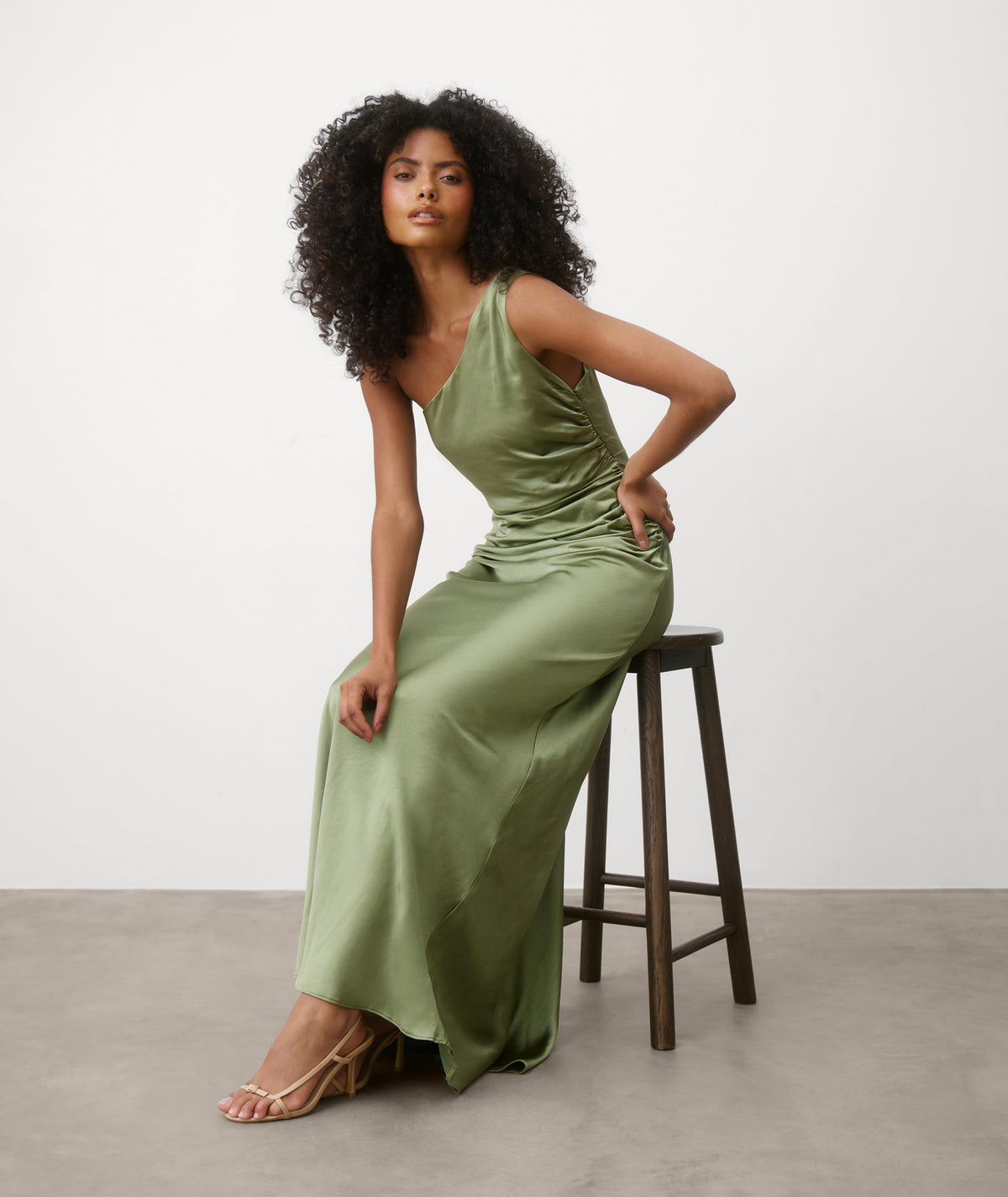 One Shoulder Satin Bridesmaid Dress - Moss Green