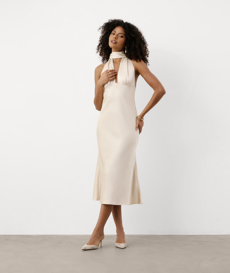 Plunge Tie Satin Midi Dress - Soft Champagne