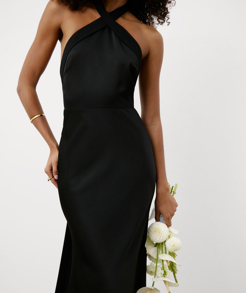 Cross Halter Neck Satin Bridesmaid Dress - Black