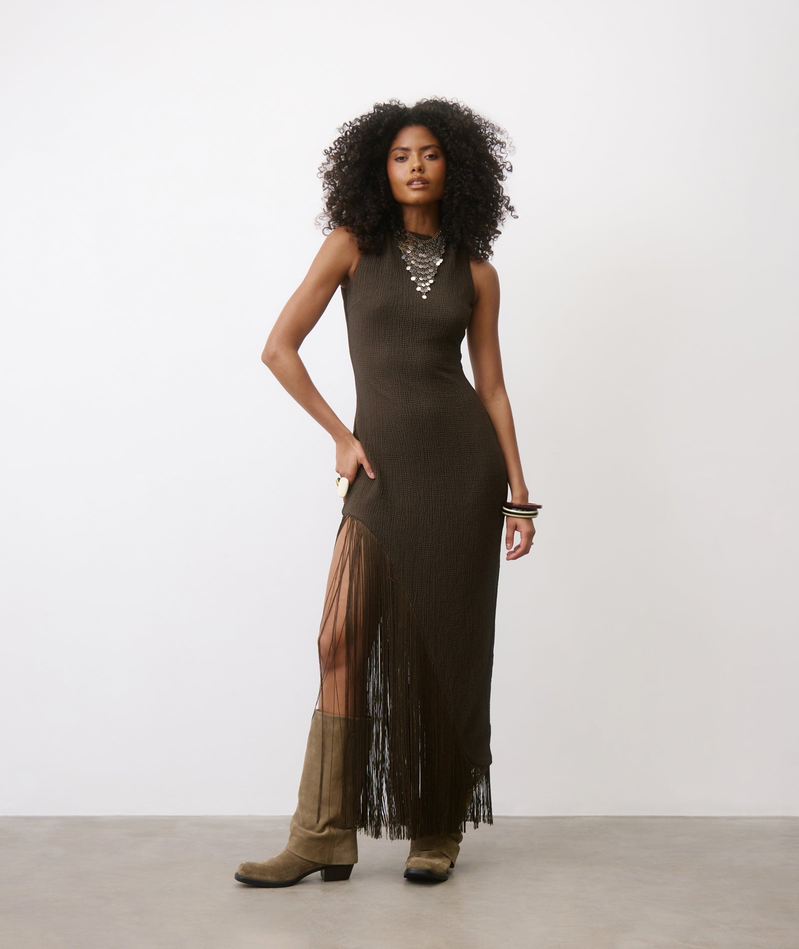 Fringe Asymmetrical Maxi Dress - Chocolate