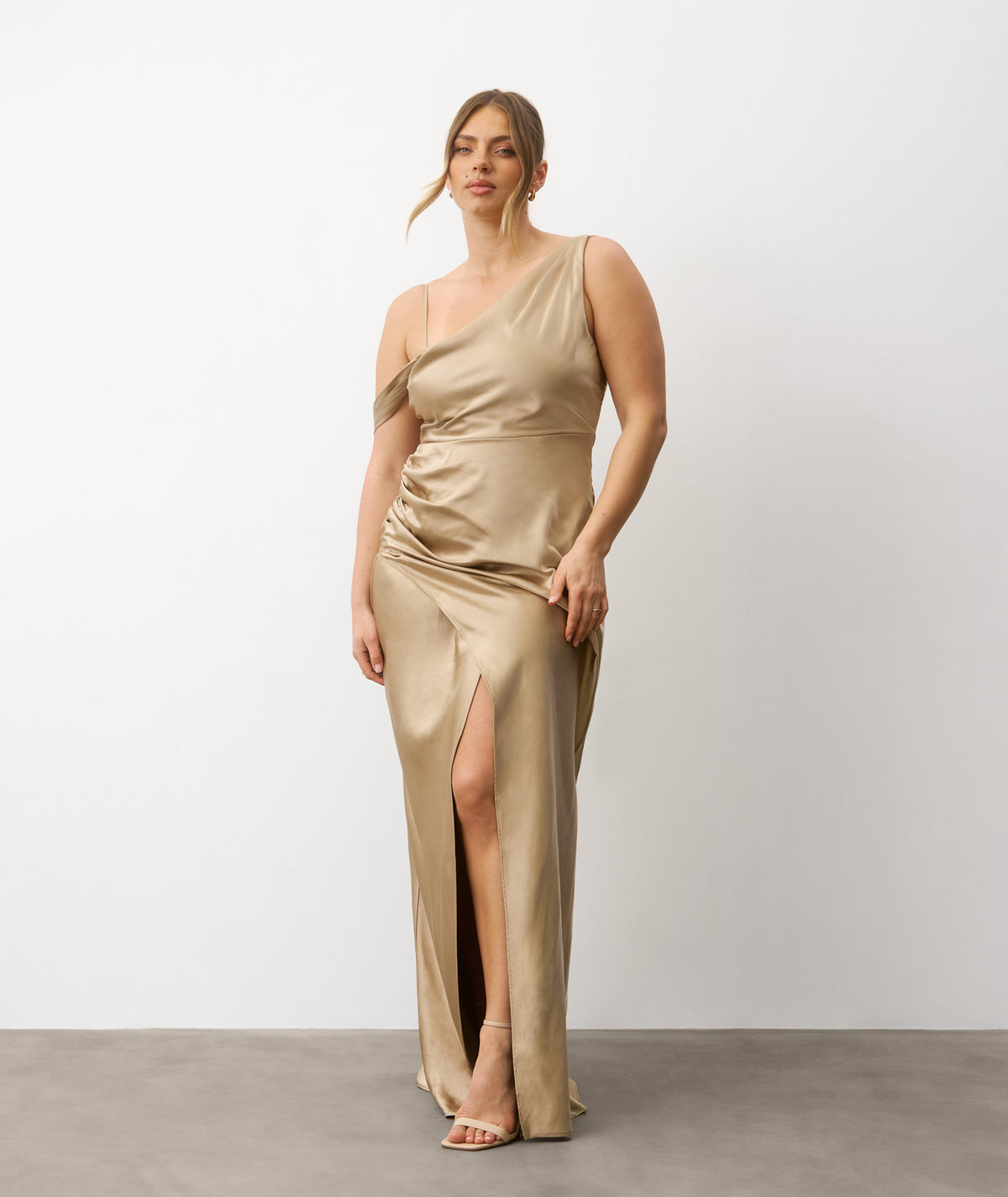 Asymmetrical Satin Bridesmaid Dress - Champagne