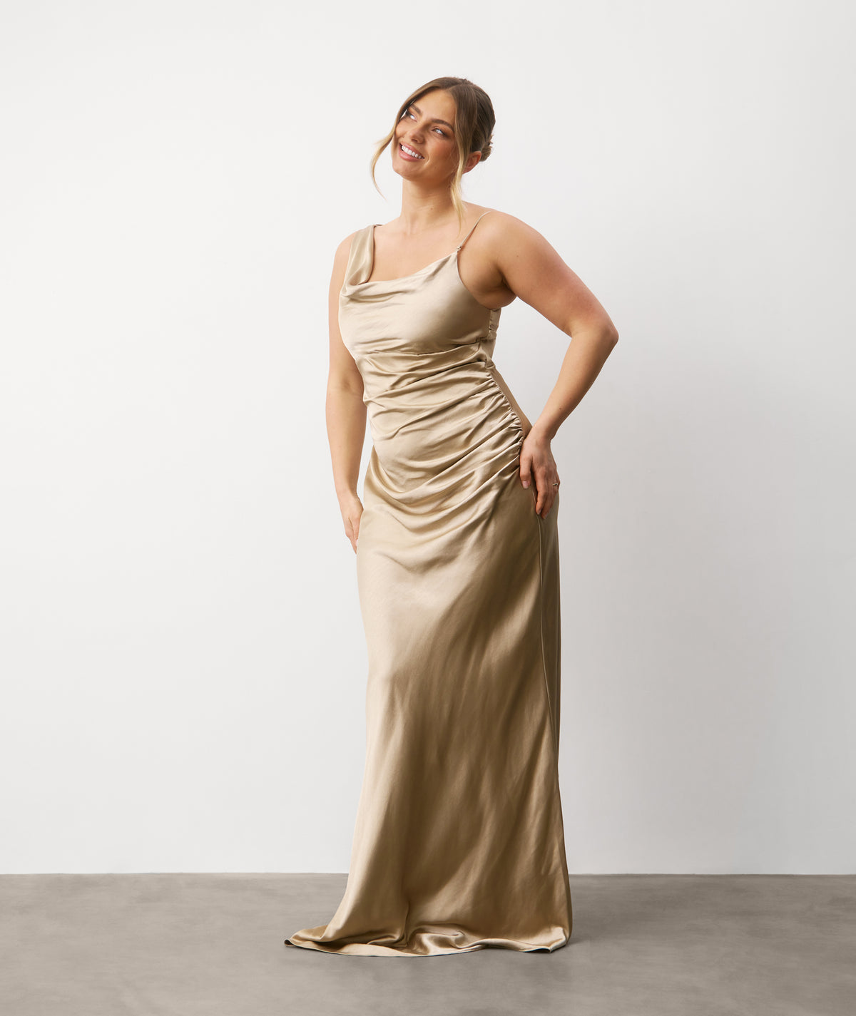 Cowl Asymmetrical Satin Bridesmaid Dress - Champagne