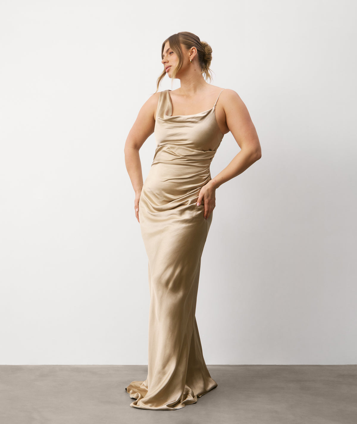 Cowl Asymmetrical Satin Bridesmaid Dress - Champagne