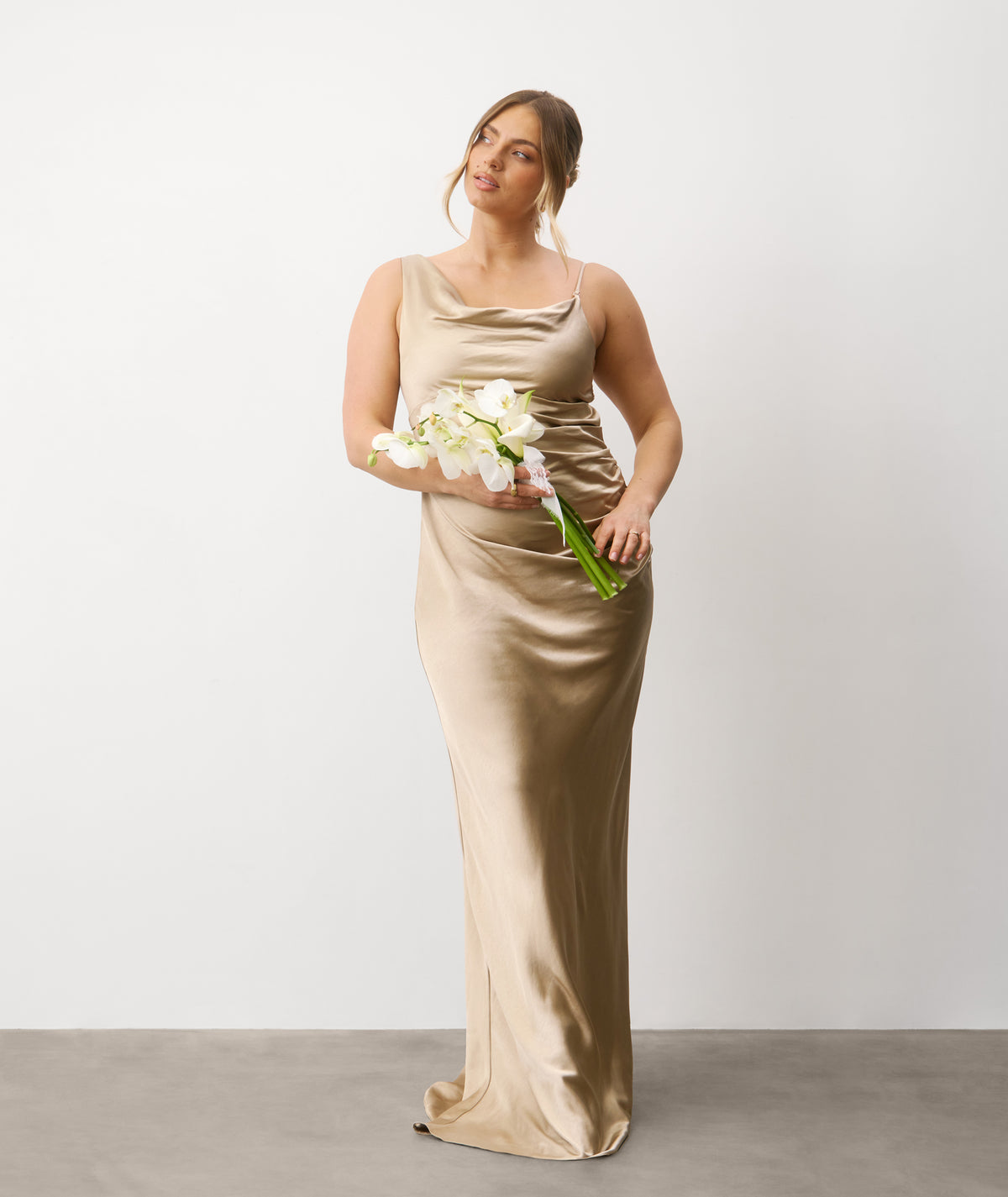 Cowl Asymmetrical Satin Bridesmaid Dress - Champagne