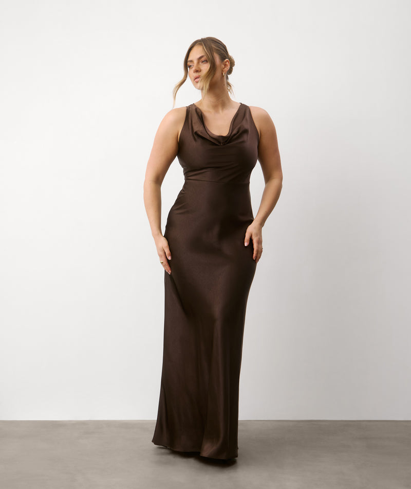 Cowl Front Satin Bridesmaid Dress - Chocolate
