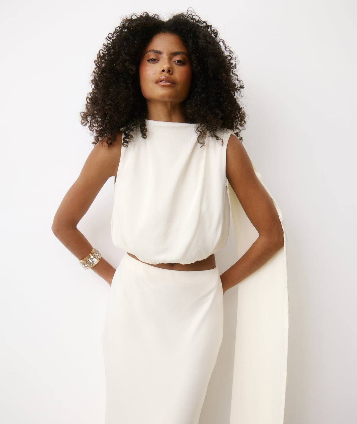 Satin Drape Detail High Neck Top - Cream