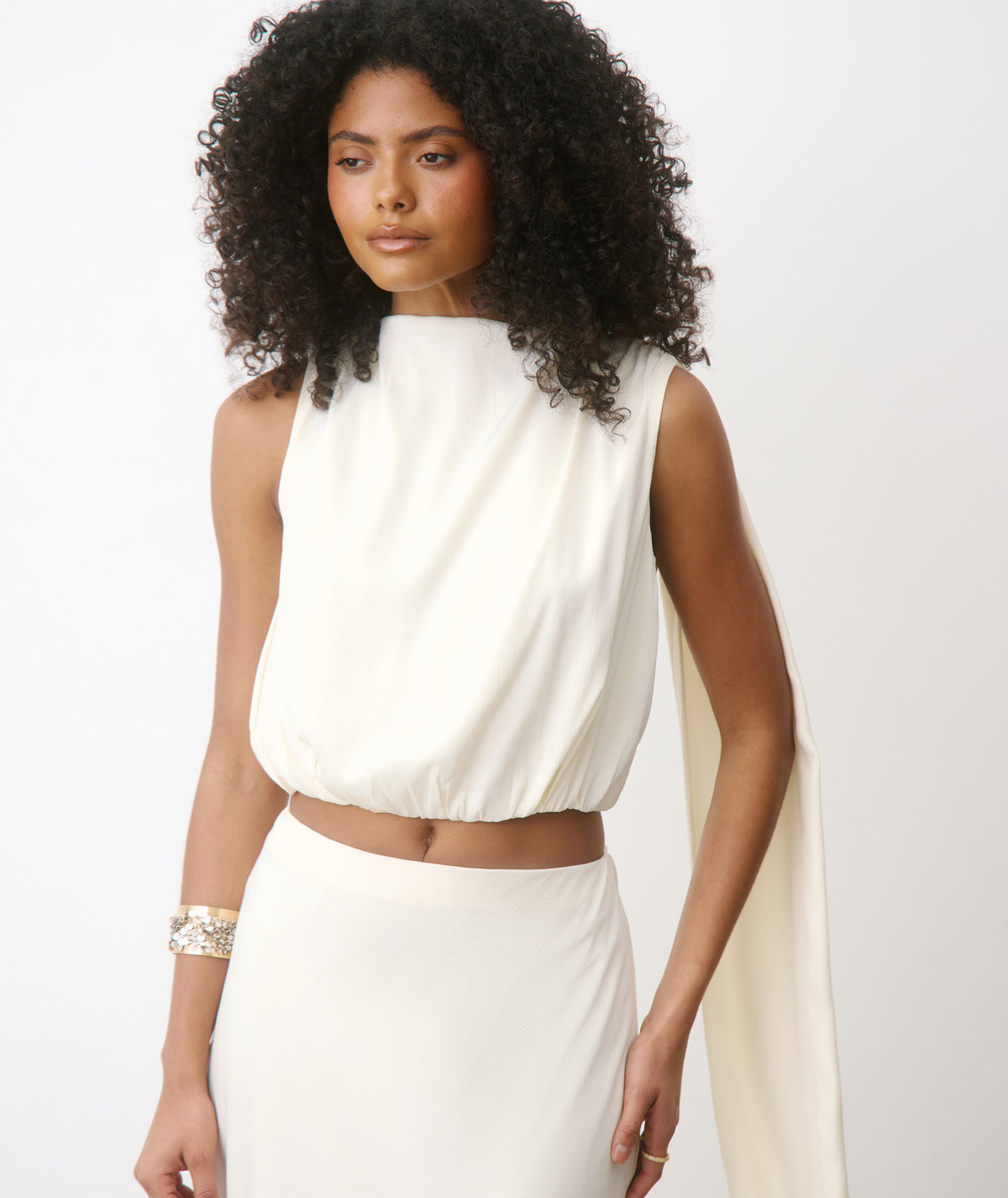 Satin Drape Detail High Neck Top - Cream