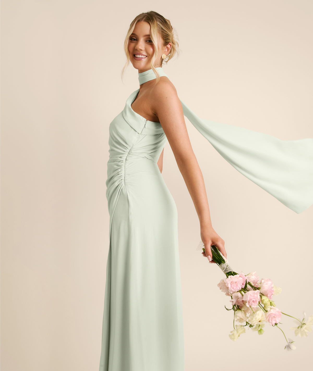 One Shoulder Neck Tie Chiffon Bridesmaid Dress - Mint Green
