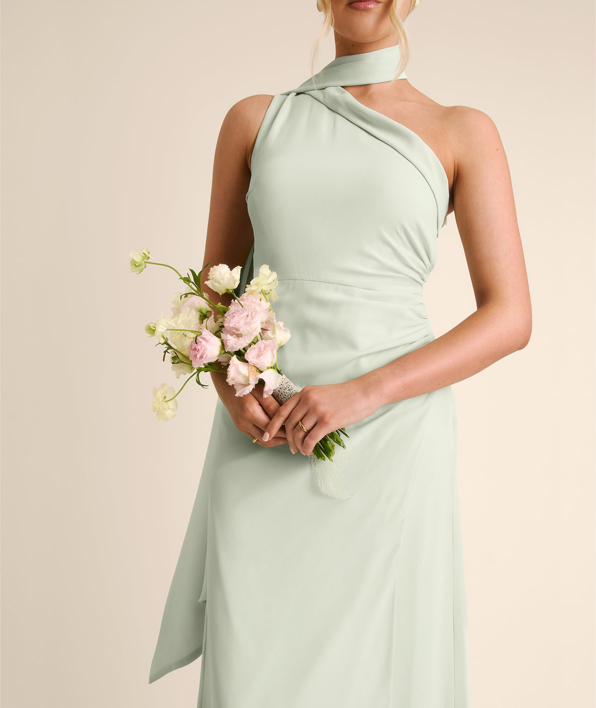 One Shoulder Neck Tie Chiffon Bridesmaid Dress - Mint Green